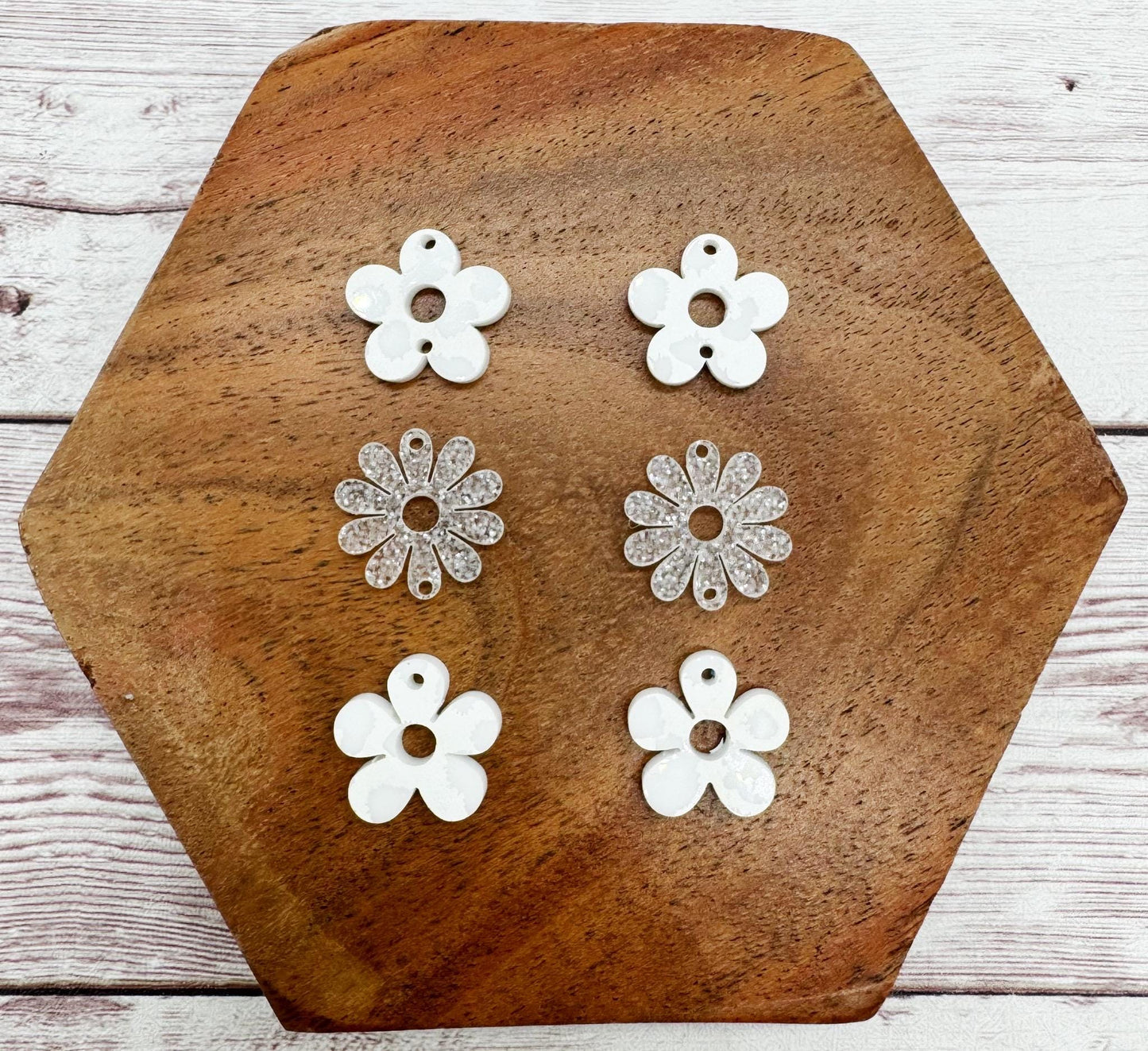 White Leopard Print and White Glitter Acrylic Funky Flower Trio Acrylic Earring Blanks, DIY Jewelry Making