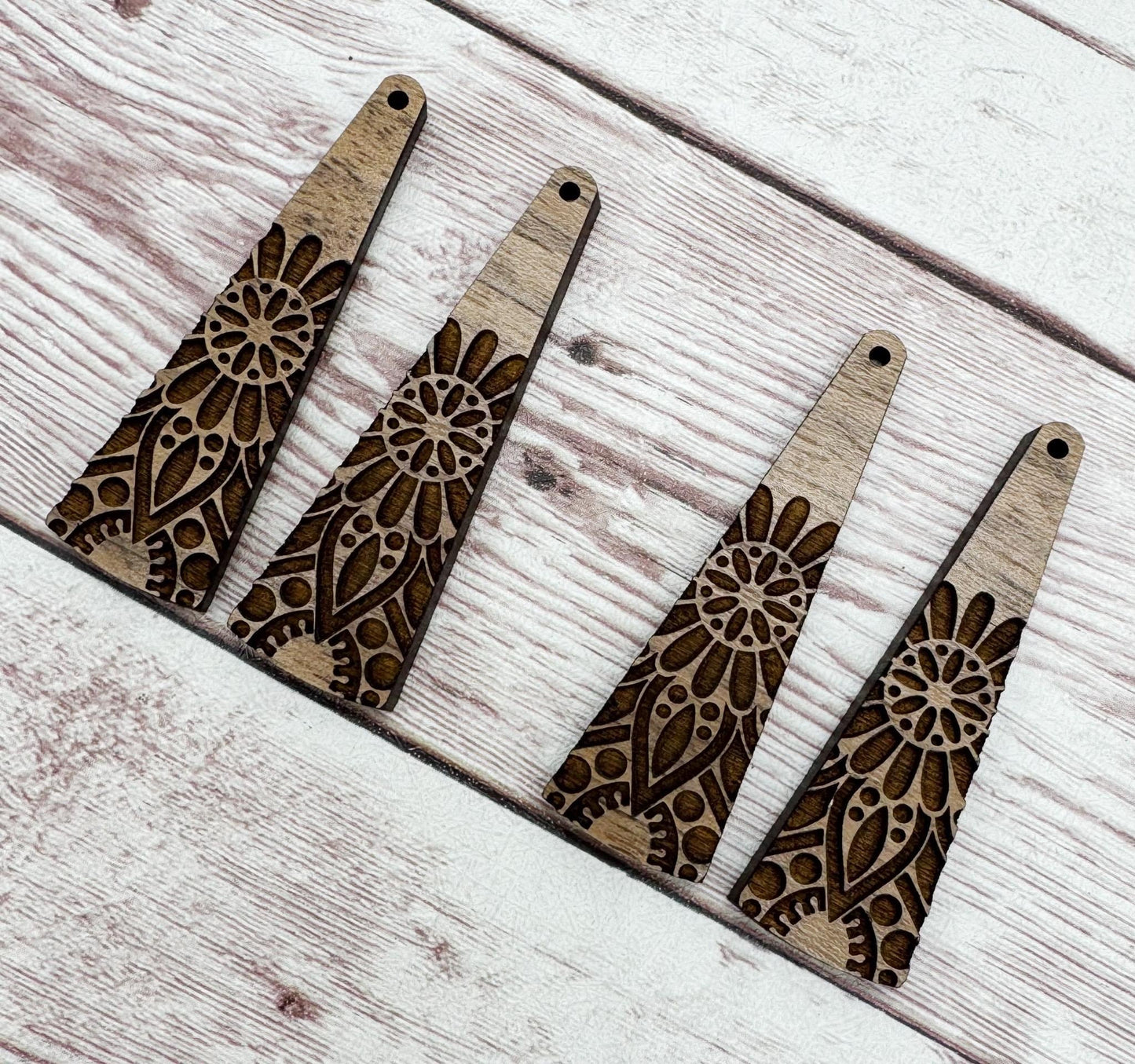 Long Triangle Engraved Mandala Walnut Earring Blanks, Finished Walnut Blank, DIY Jewelry Making
