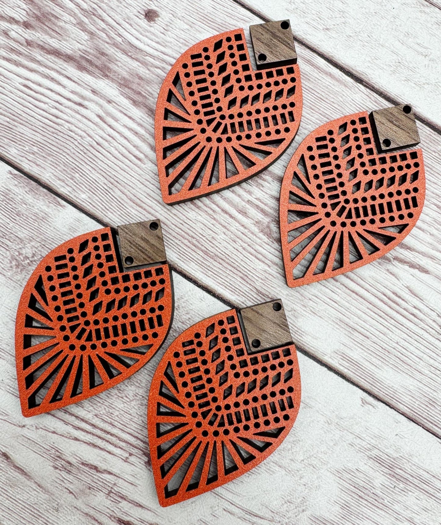 Intricate Burnt Orange Lace Teardrop and Wood Connector Earring Blanks, DIY Jewelry Making