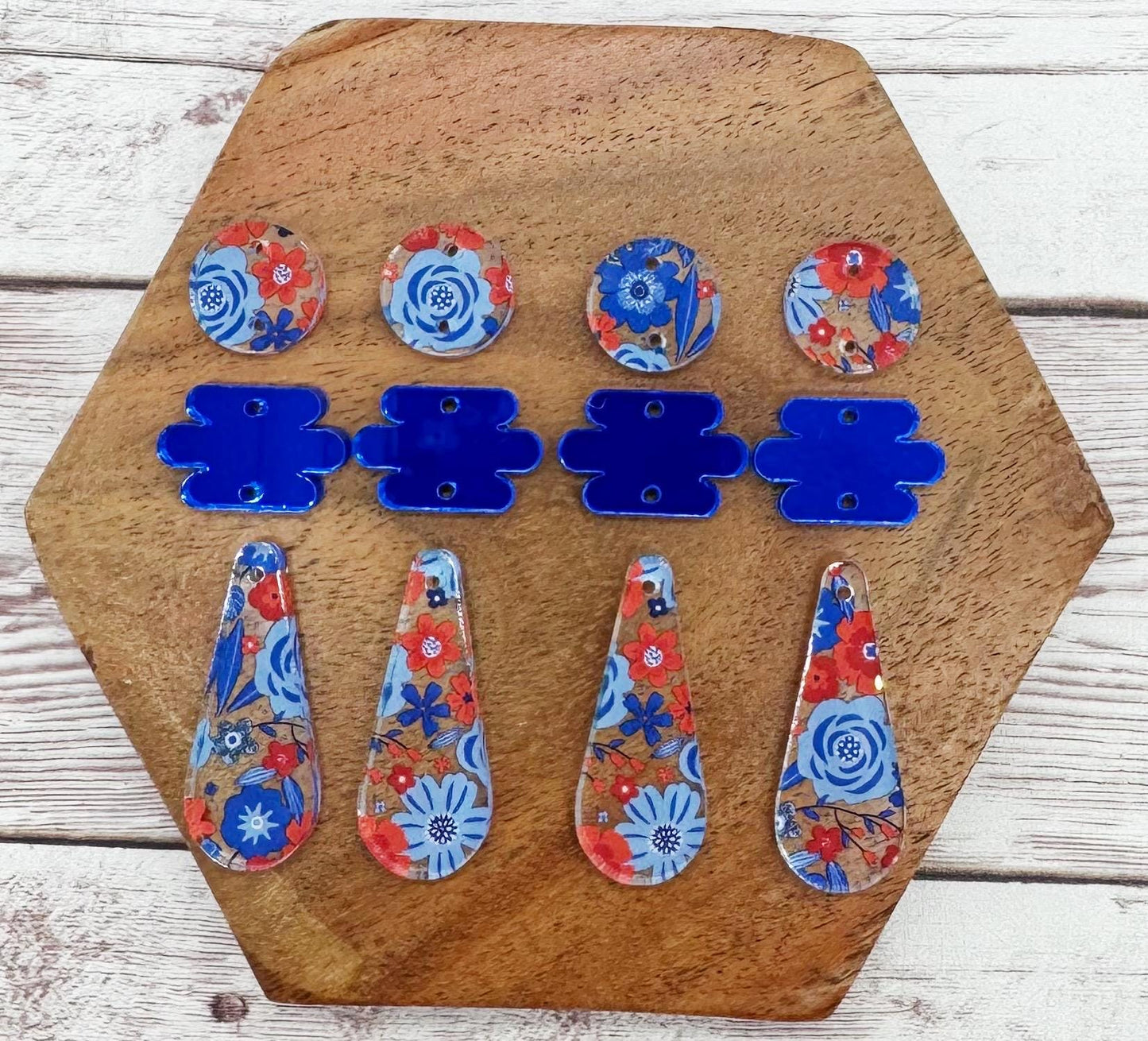 Red and Blue Floral Print and Blue Mirrored Teardrop Trio Set Earring Blanks, DIY Jewelry Making