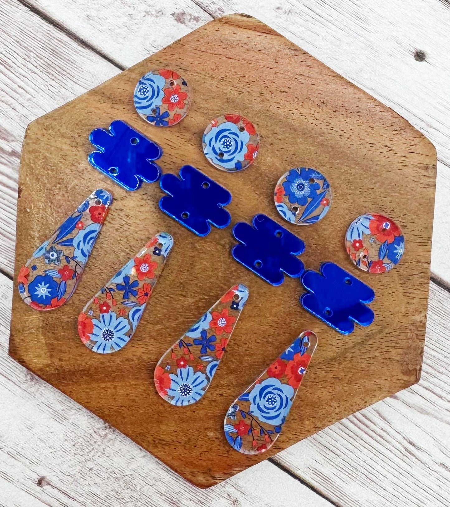 Red and Blue Floral Print and Blue Mirrored Teardrop Trio Set Earring Blanks, DIY Jewelry Making