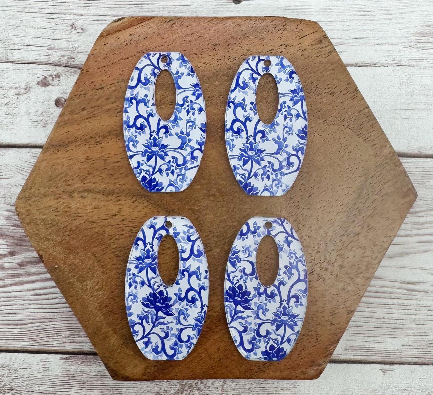 Blue White Antique China Acrylic Open Rounded Rectangle Earring Blanks, DIY Jewelry Making
