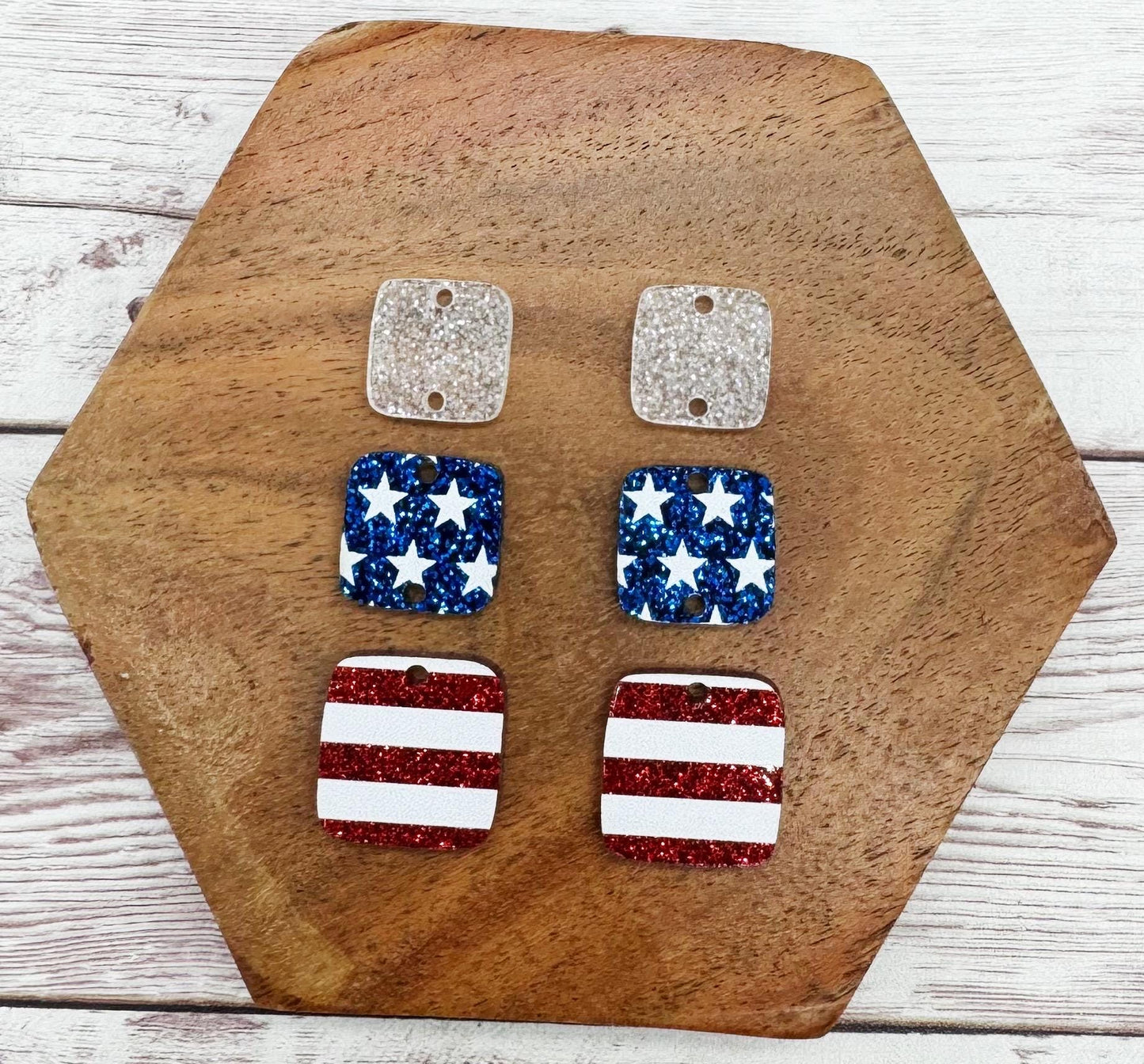 Rounded Square Patriotic Glitter Stars and Stripes Trio 4th of July Set Earring Blanks, DIY Jewelry Making