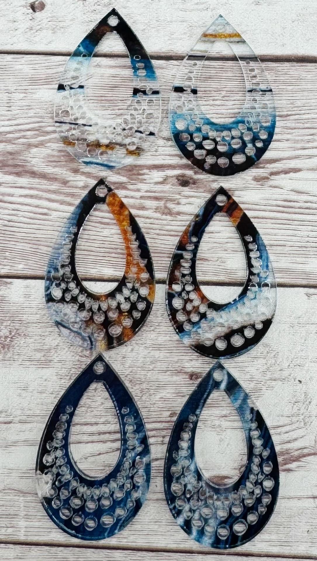 Blue Clear Brown Swirl Print Acrylic Open Dot Teardrop Earring Blanks, DIY Jewelry Making