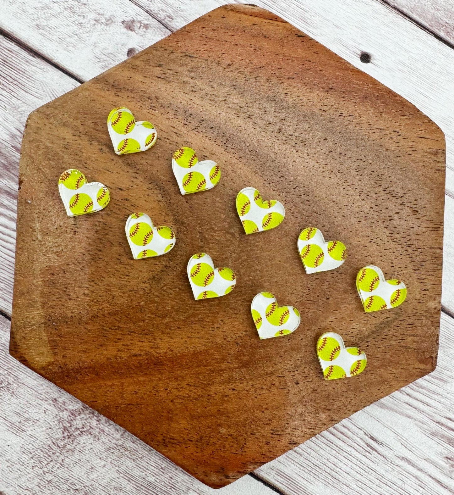 Softball Print Heart Shape Stud Earring Blanks Set of 5 Pair DIY Jewelry Making