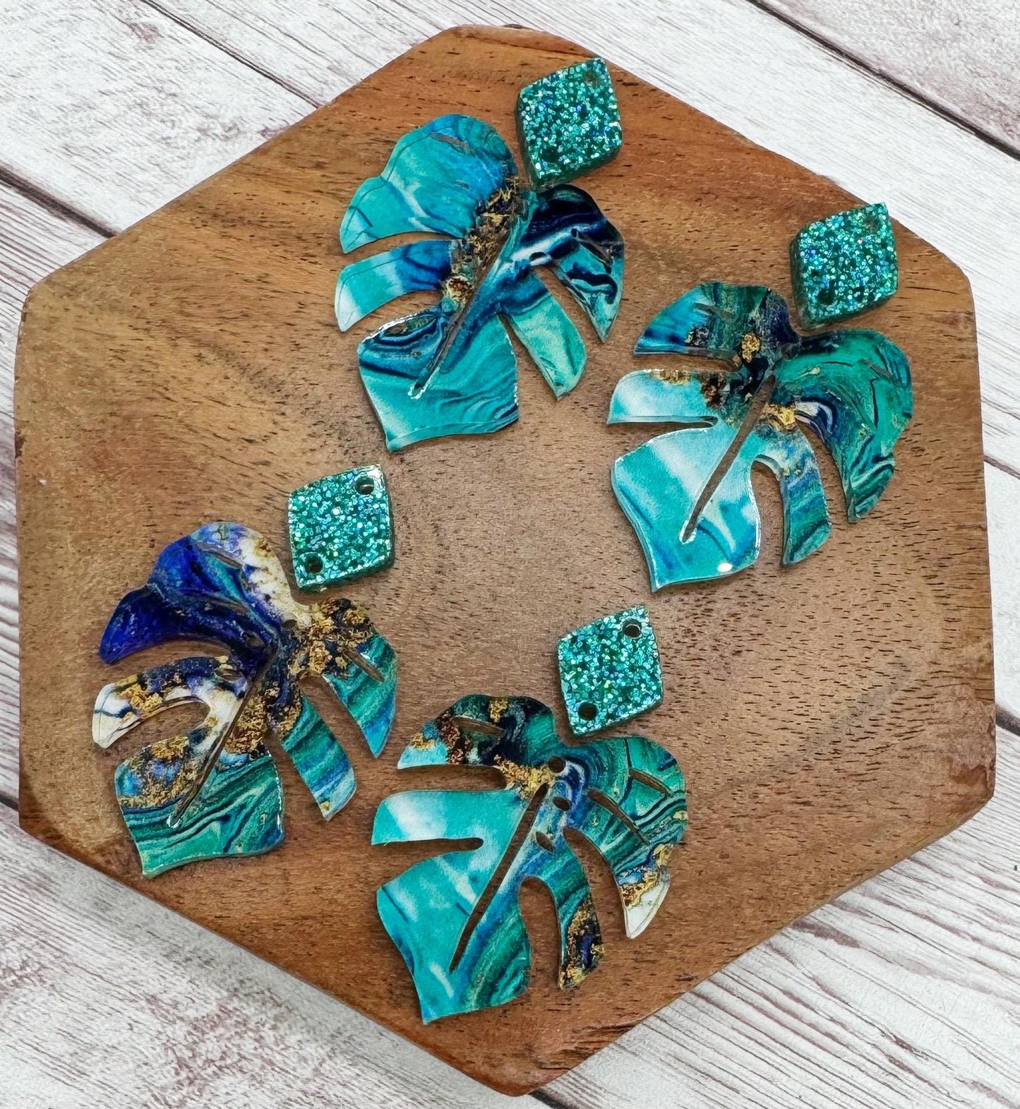 Teal Gold Blue Swirl Monstera Leaf and Glitter Connector Acrylic Earring Blanks, DIY Jewelry Making