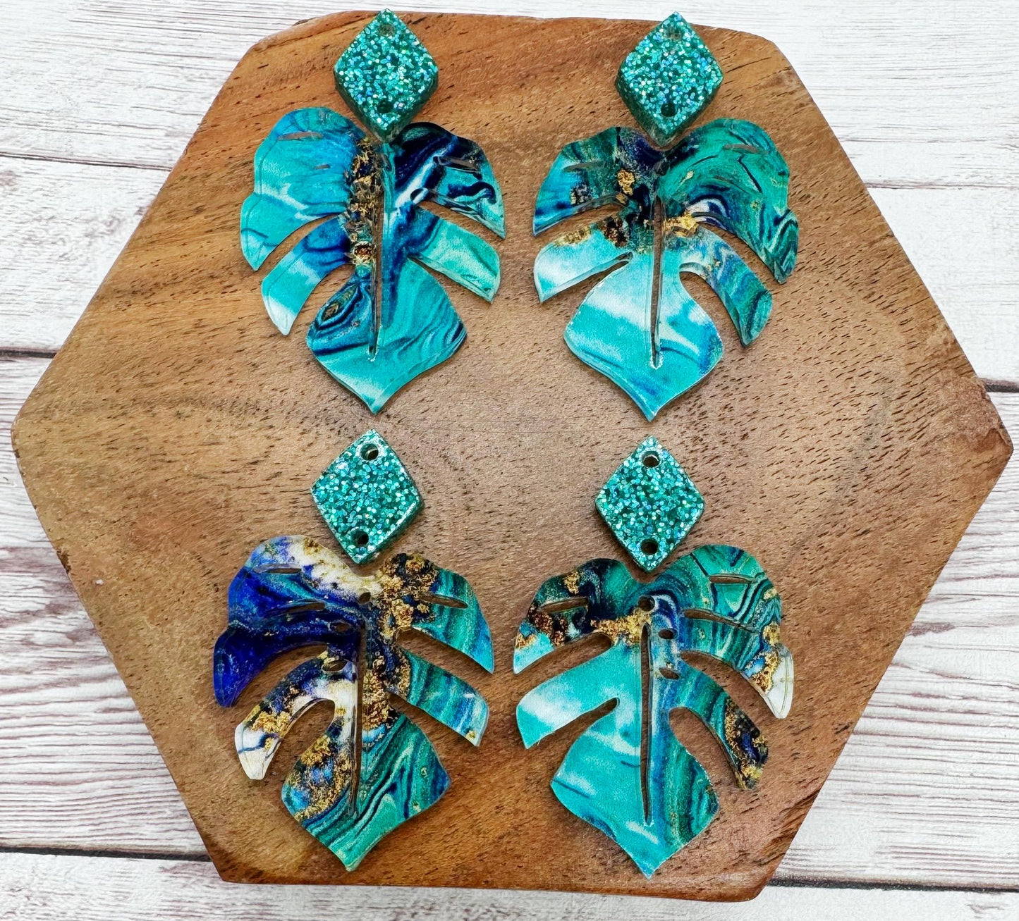 Teal Gold Blue Swirl Monstera Leaf and Glitter Connector Acrylic Earring Blanks, DIY Jewelry Making