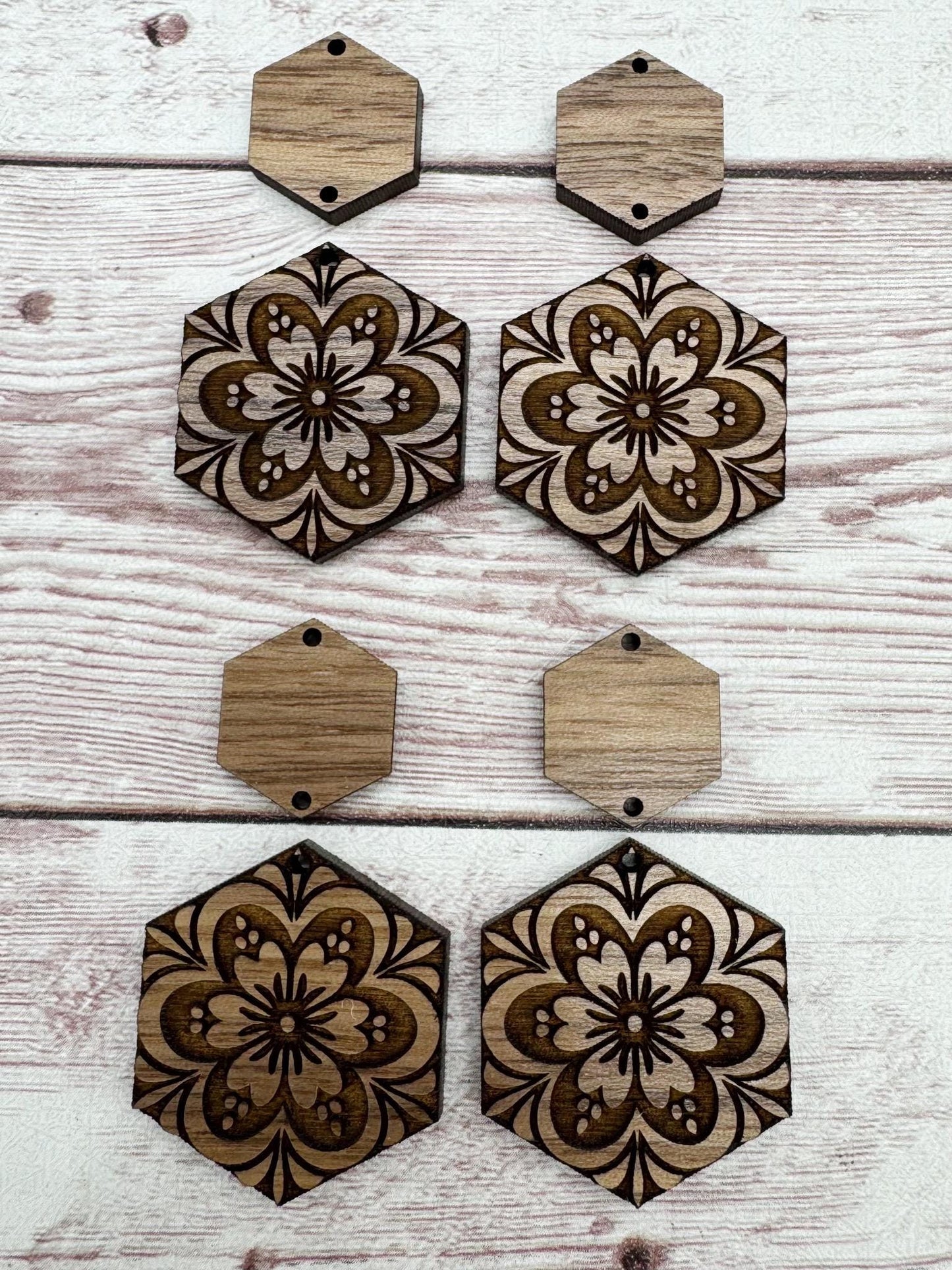 Wood Engraved Flower Hexagon and Connector Set Earring Blanks, Finished Walnut Blank, DIY Jewelry Making