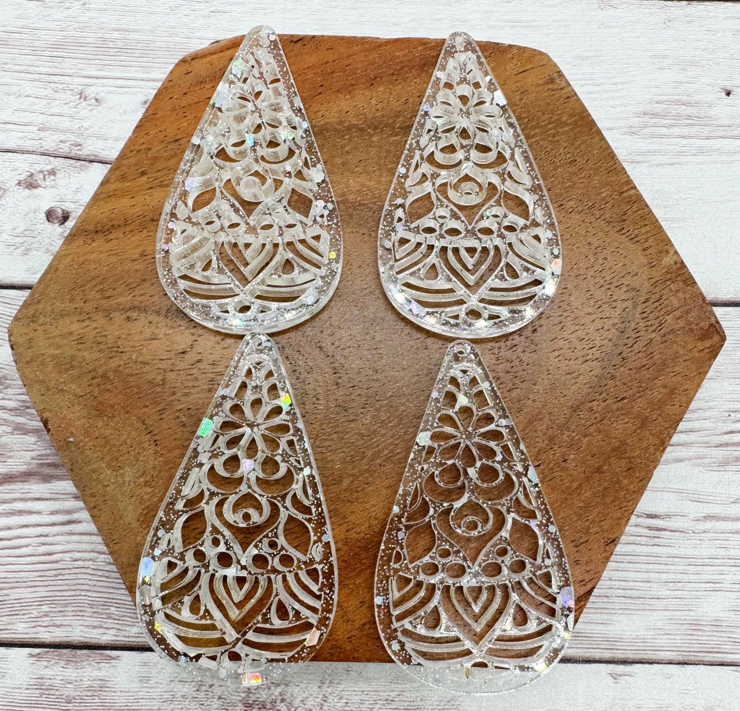 Silver Hex Glitter Mandala Cutout Acrylic Teardrop Earring Blanks, DIY Jewelry Making