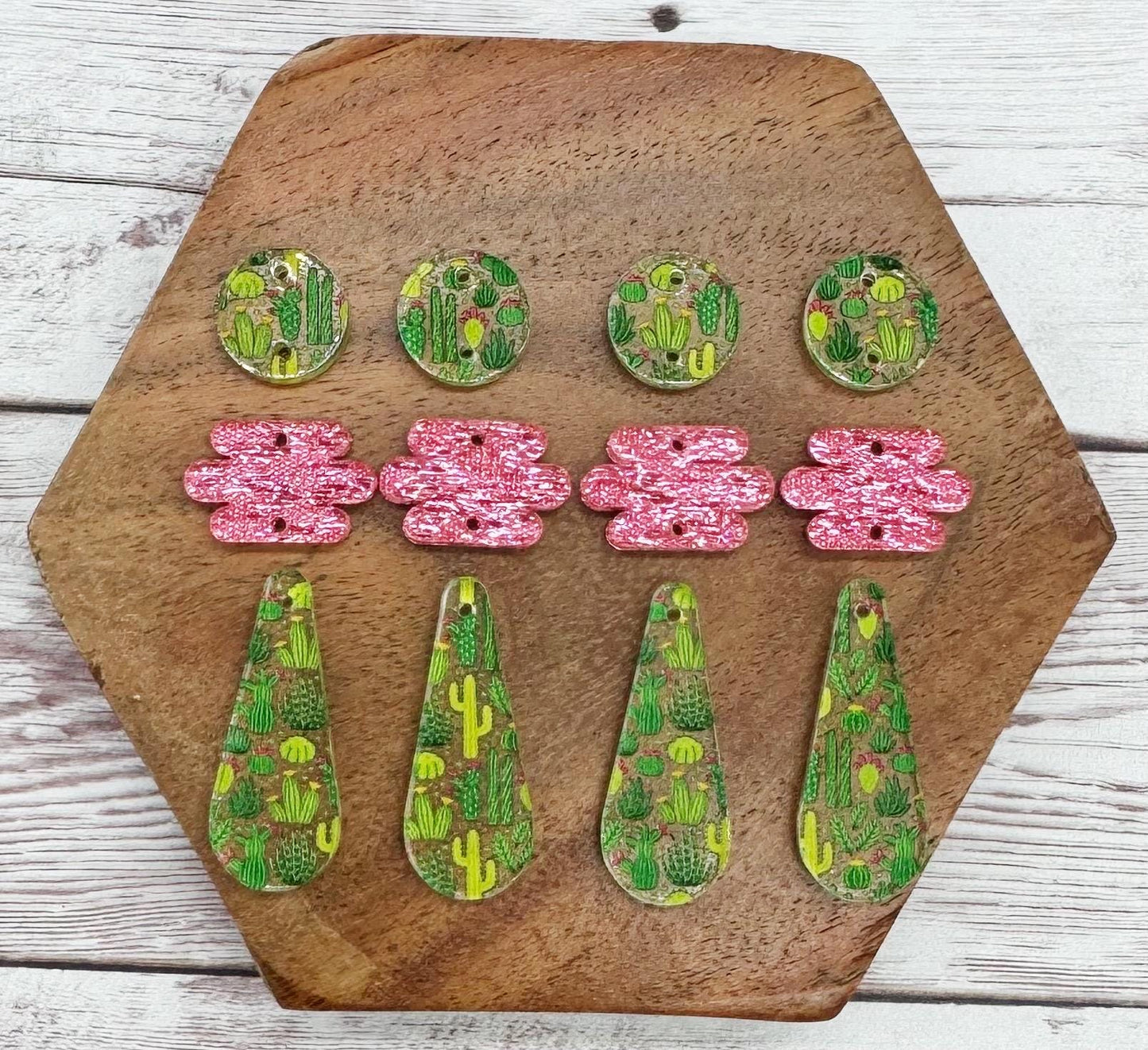 Cactus Desert Print and Pink Shimmer Teardrop Trio Set Earring Blanks, DIY Jewelry Making