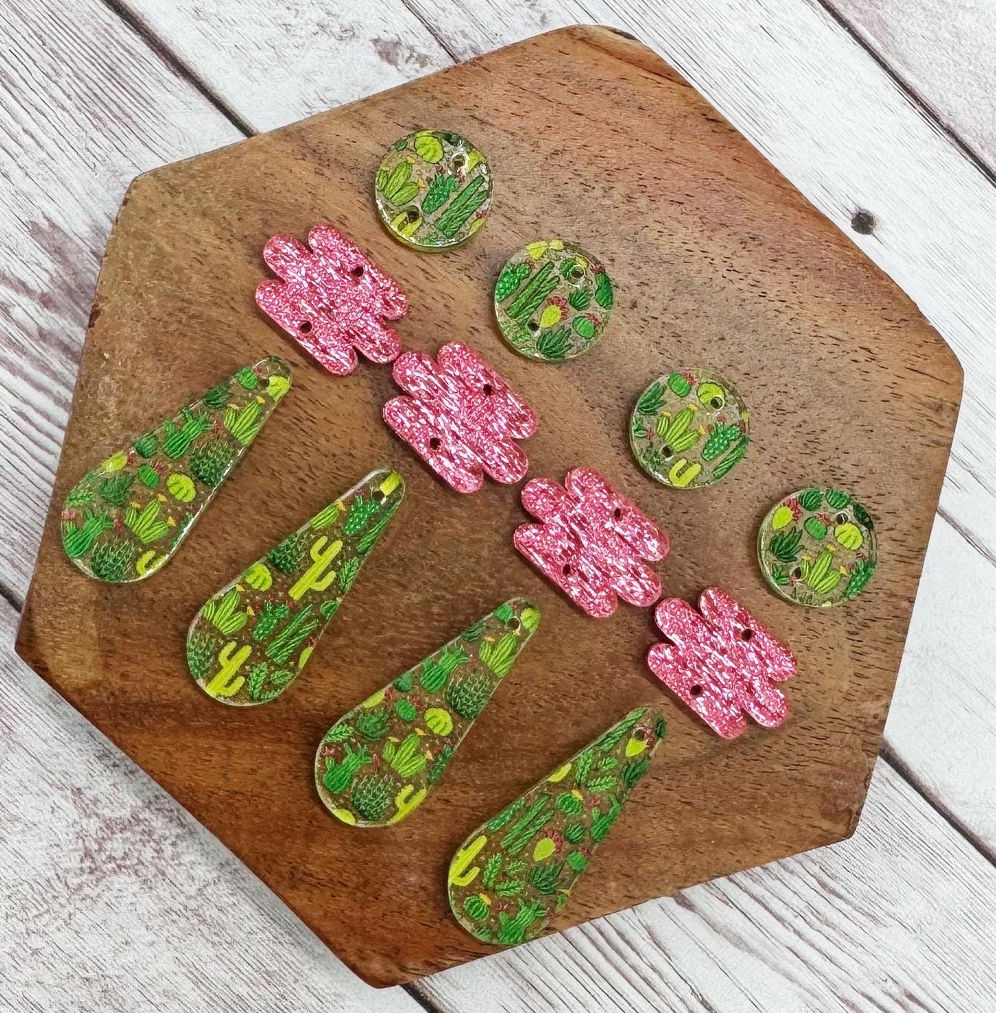 Cactus Desert Print and Pink Shimmer Teardrop Trio Set Earring Blanks, DIY Jewelry Making