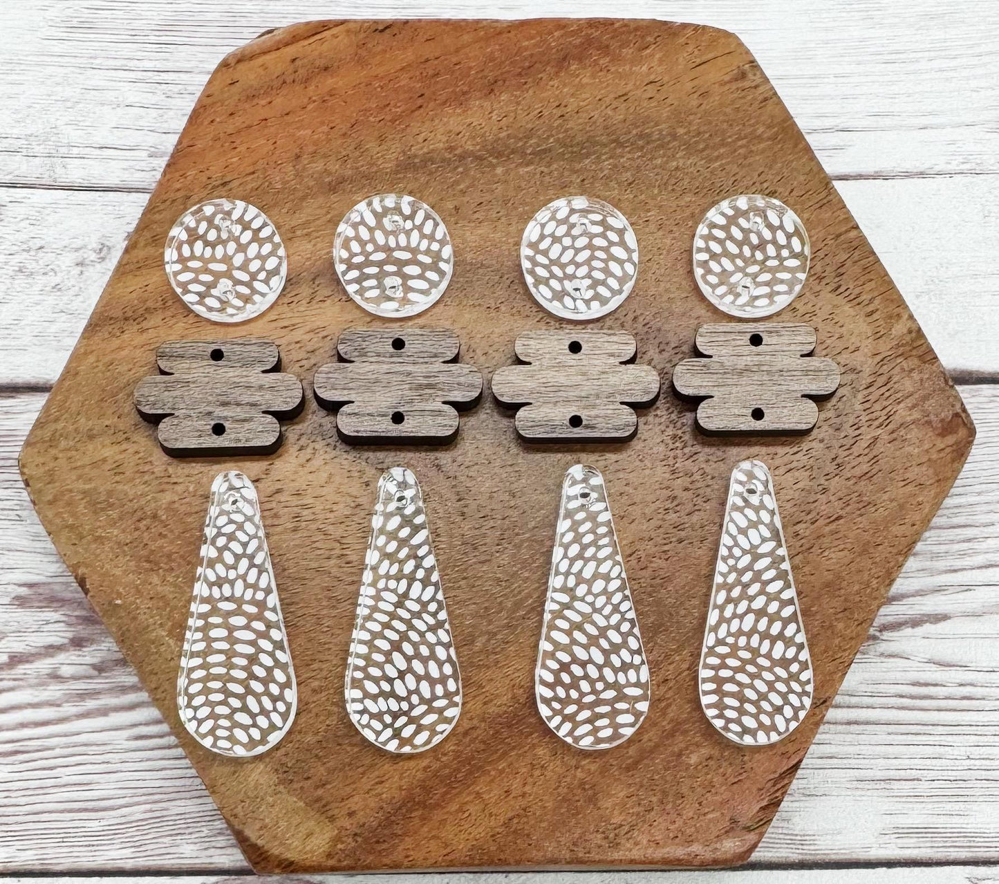 White Print Acrylic and Walnut Teardrop Trio Set Earring Blanks, DIY Jewelry Making