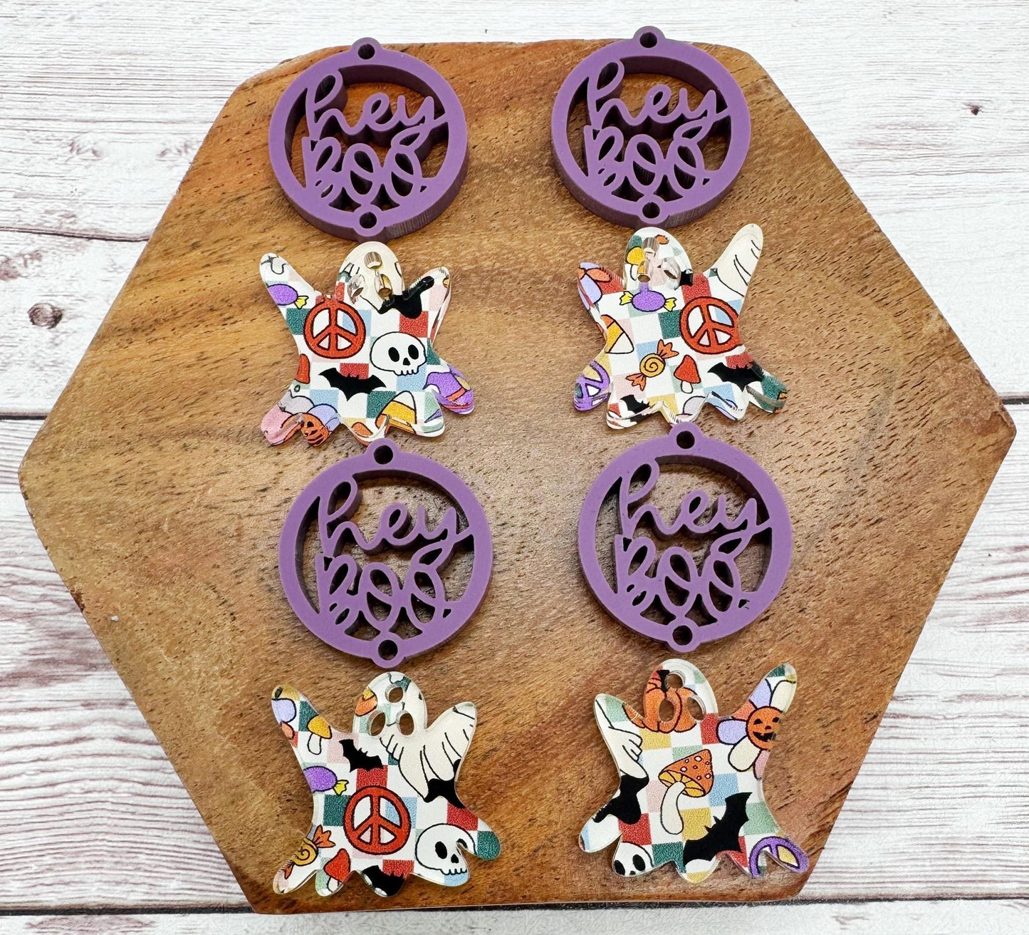 Hey Boo Ghost Set Groovy Halloween Print Acrylic Earring Blanks, DIY Jewelry Making