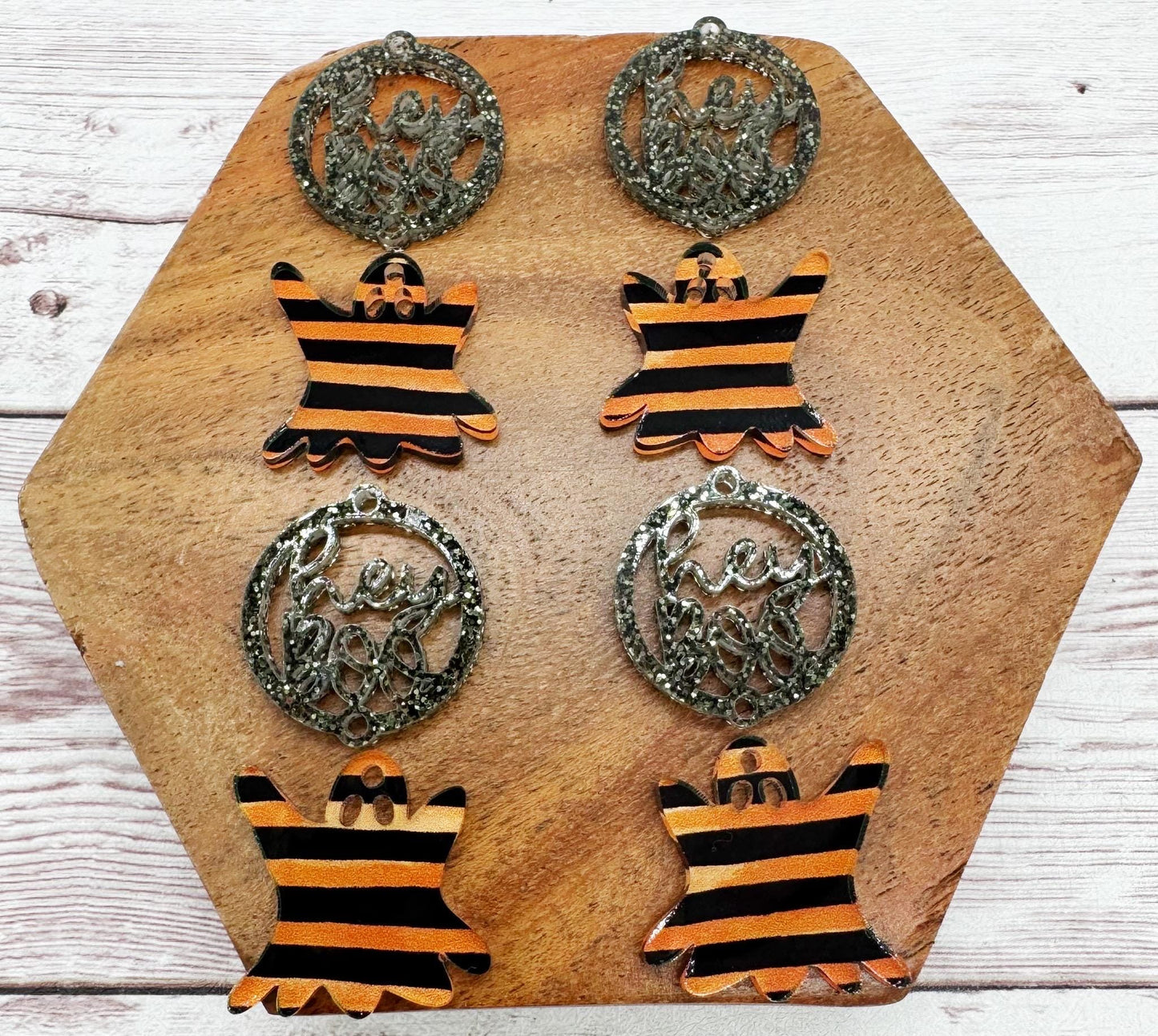 Hey Boo Ghost Set Glitter Halloween Stripe Print Acrylic Earring Blanks, DIY Jewelry Making