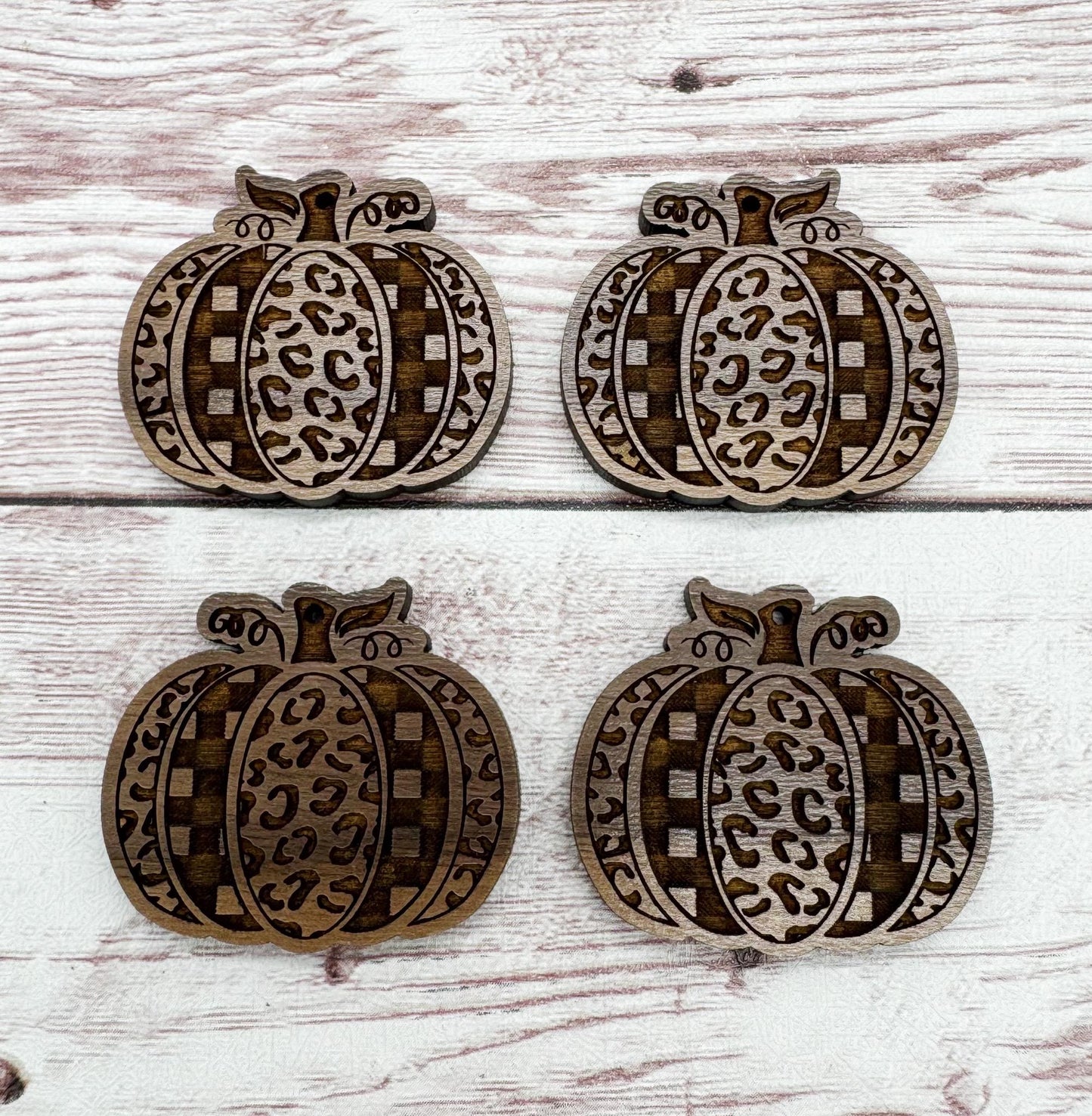 Wood Engraved Leopard Print and Plaid Pumpkin Earring Blanks, Finished Walnut Blank, DIY Jewelry Making