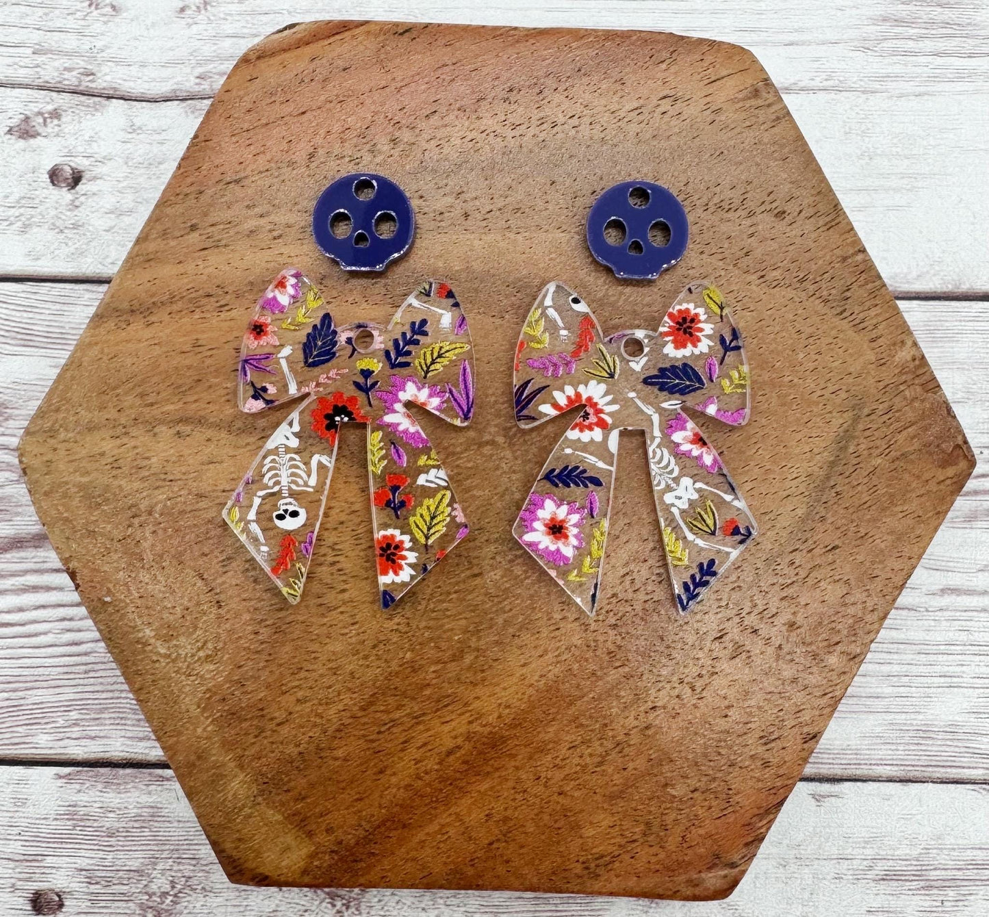 Floral Skeleton Print Bow Layered Acrylic Halloween Earring Blanks, DIY Jewelry Making