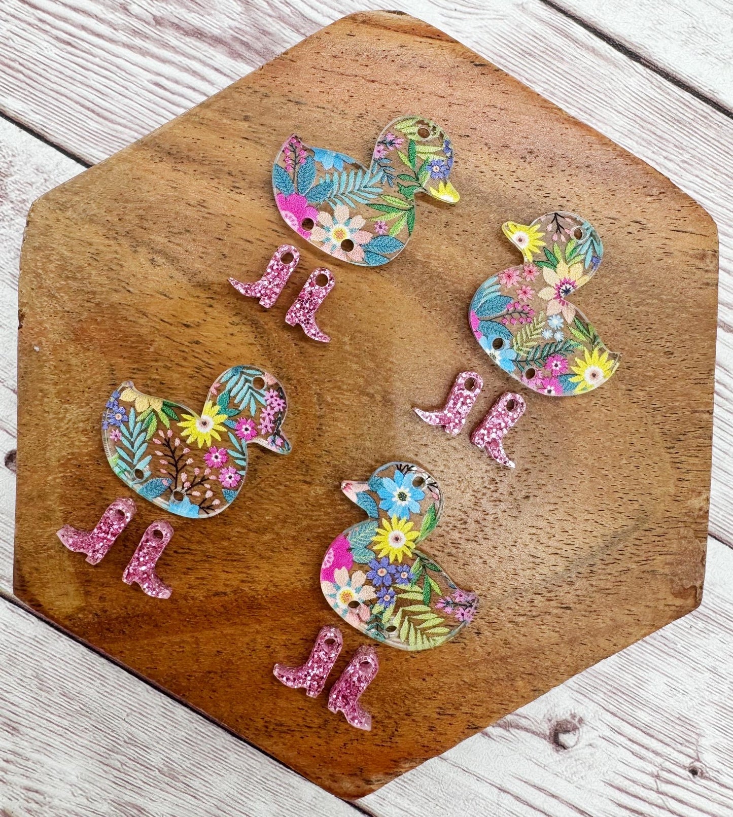 Floral Print Duck With Pink Glitter Boots Set Animal Earring Blanks, DIY Jewelry Making