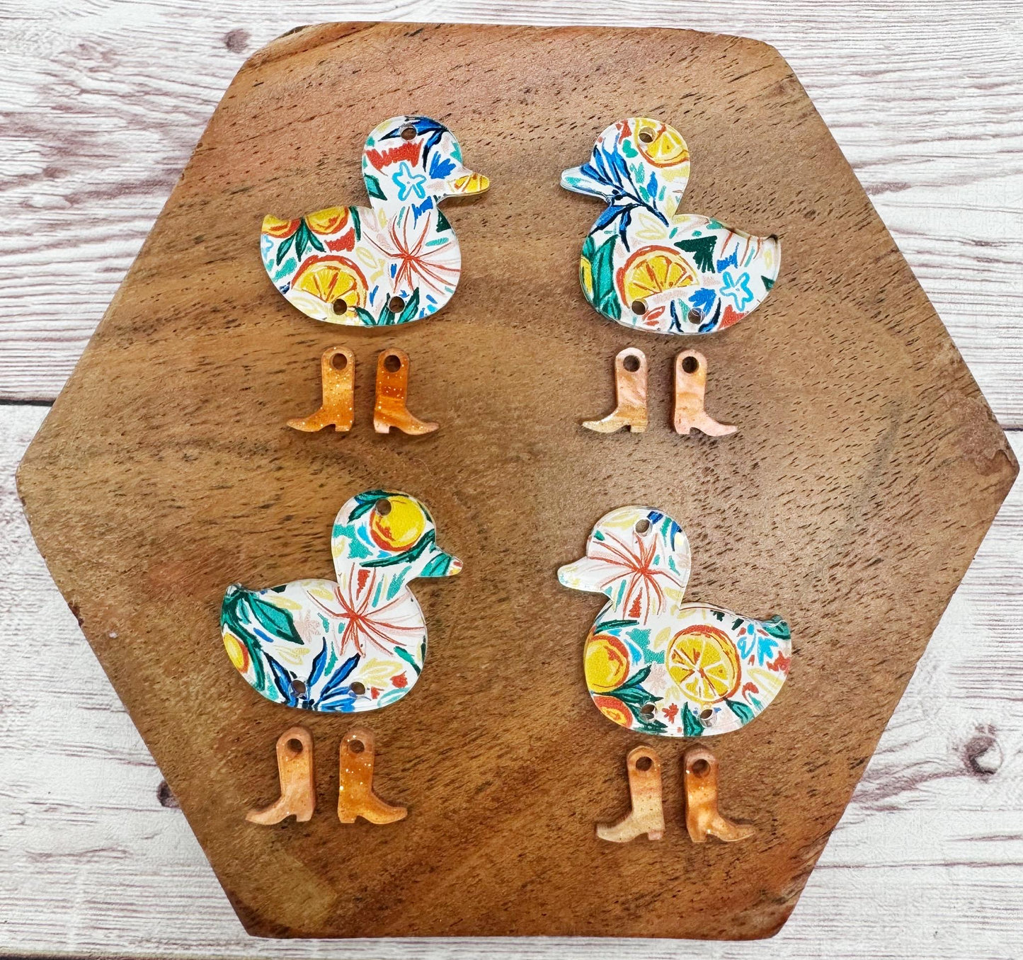 Orange Print Duck With Orange Galaxy Glitter Boots Set Animal Earring Blanks, DIY Jewelry Making