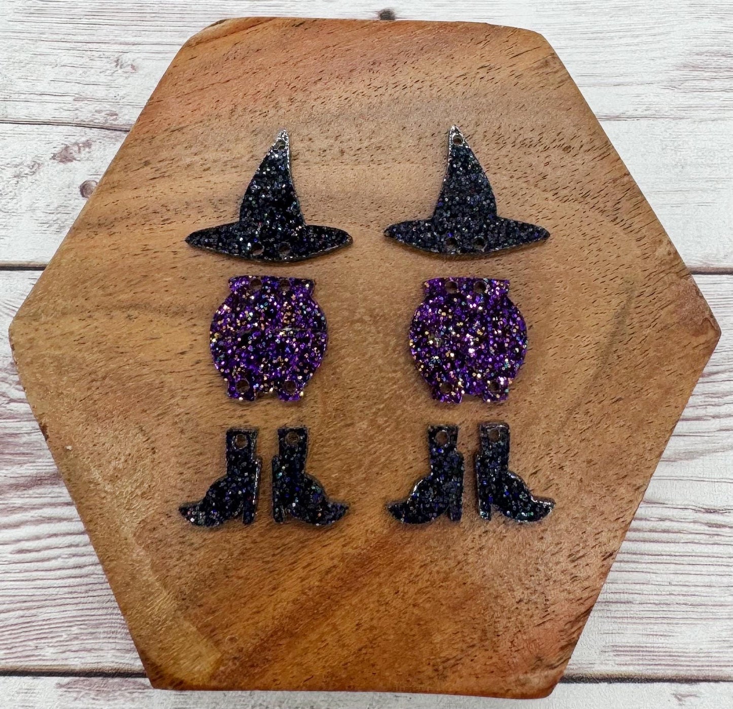 Witch Hat Purple Glitter Cauldron and Boots Acrylic Halloween Earring Blanks, DIY Jewelry Making