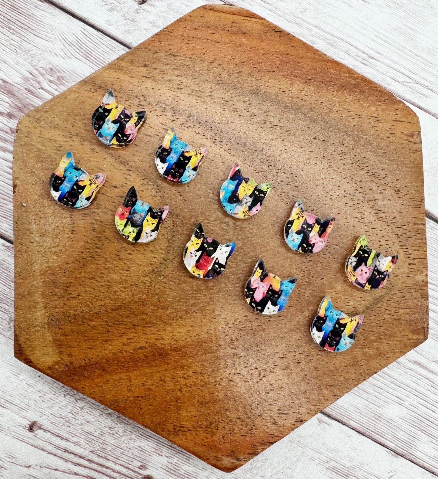 Mini Cat Print Cat Head Animal Stud Earring Blanks Set of 5 Pair DIY Jewelry Making