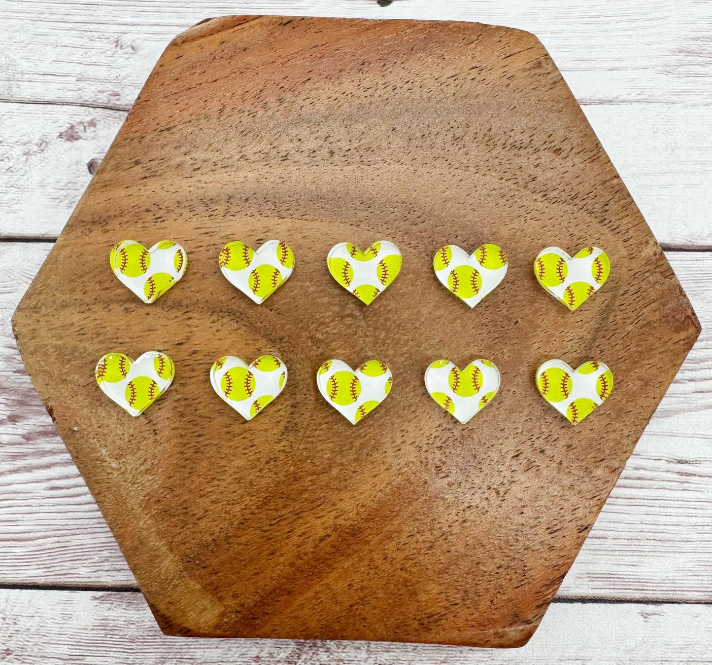 Softball Print Heart Shape Stud Earring Blanks Set of 5 Pair DIY Jewelry Making