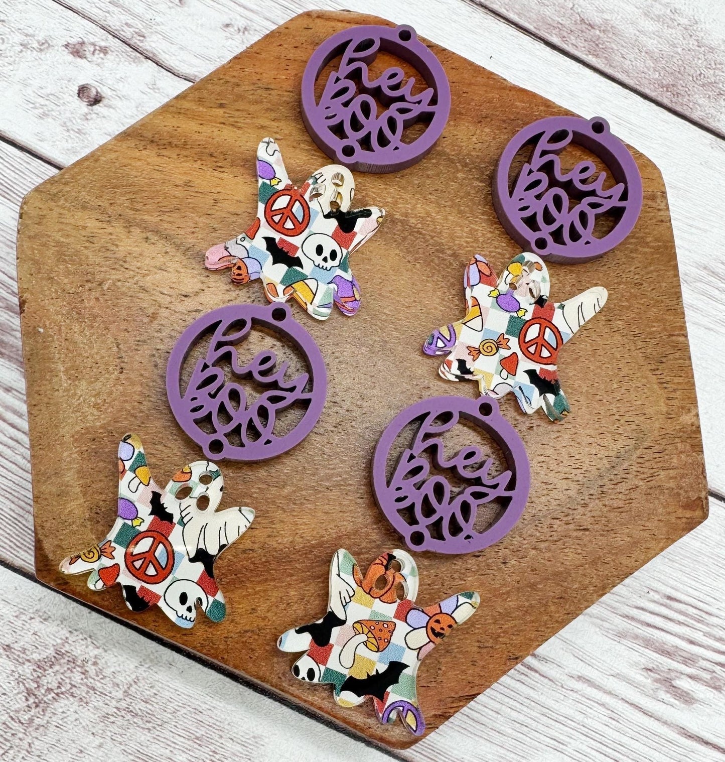 Hey Boo Ghost Set Groovy Halloween Print Acrylic Earring Blanks, DIY Jewelry Making