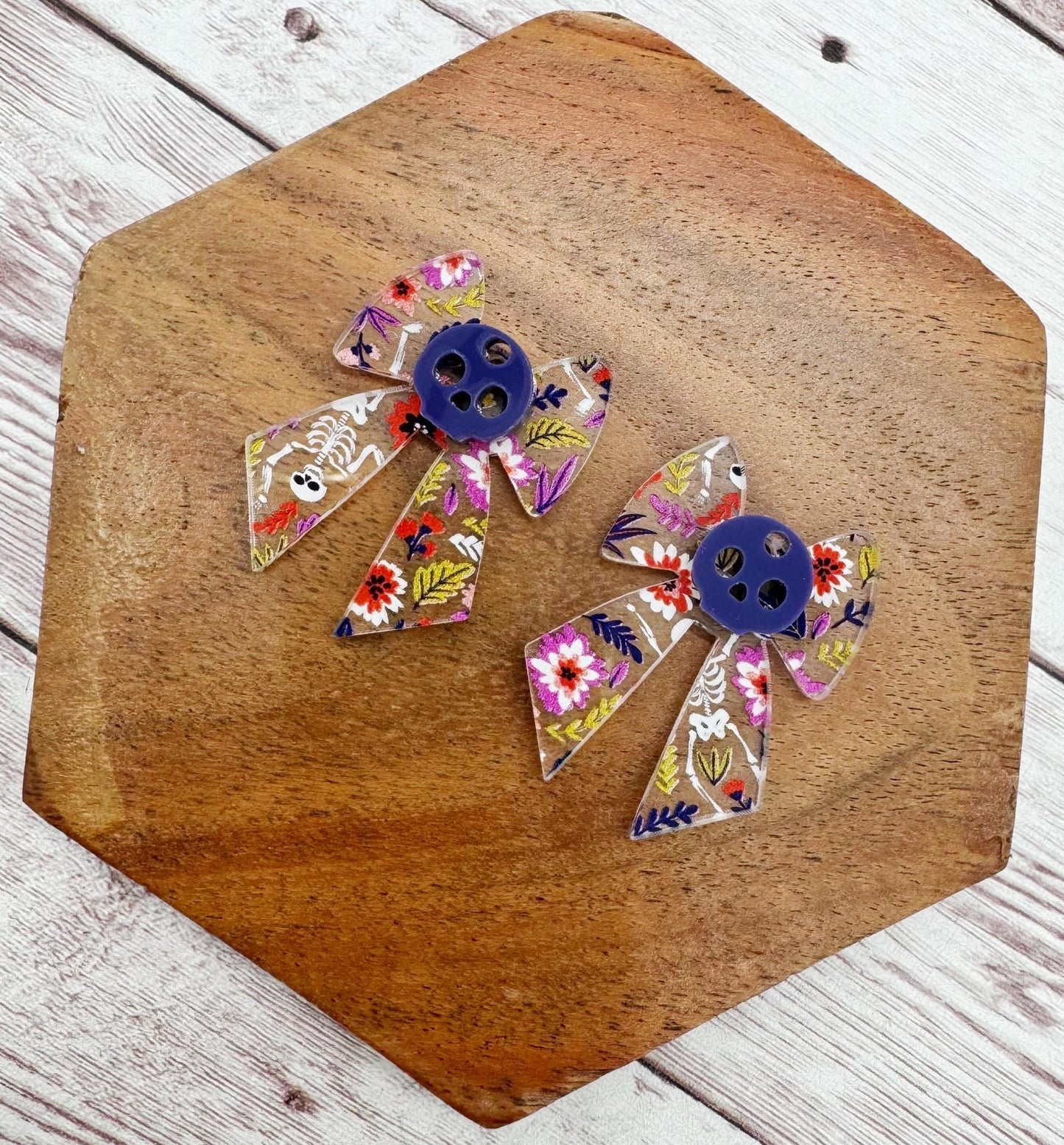 Floral Skeleton Print Bow Layered Acrylic Halloween Earring Blanks, DIY Jewelry Making