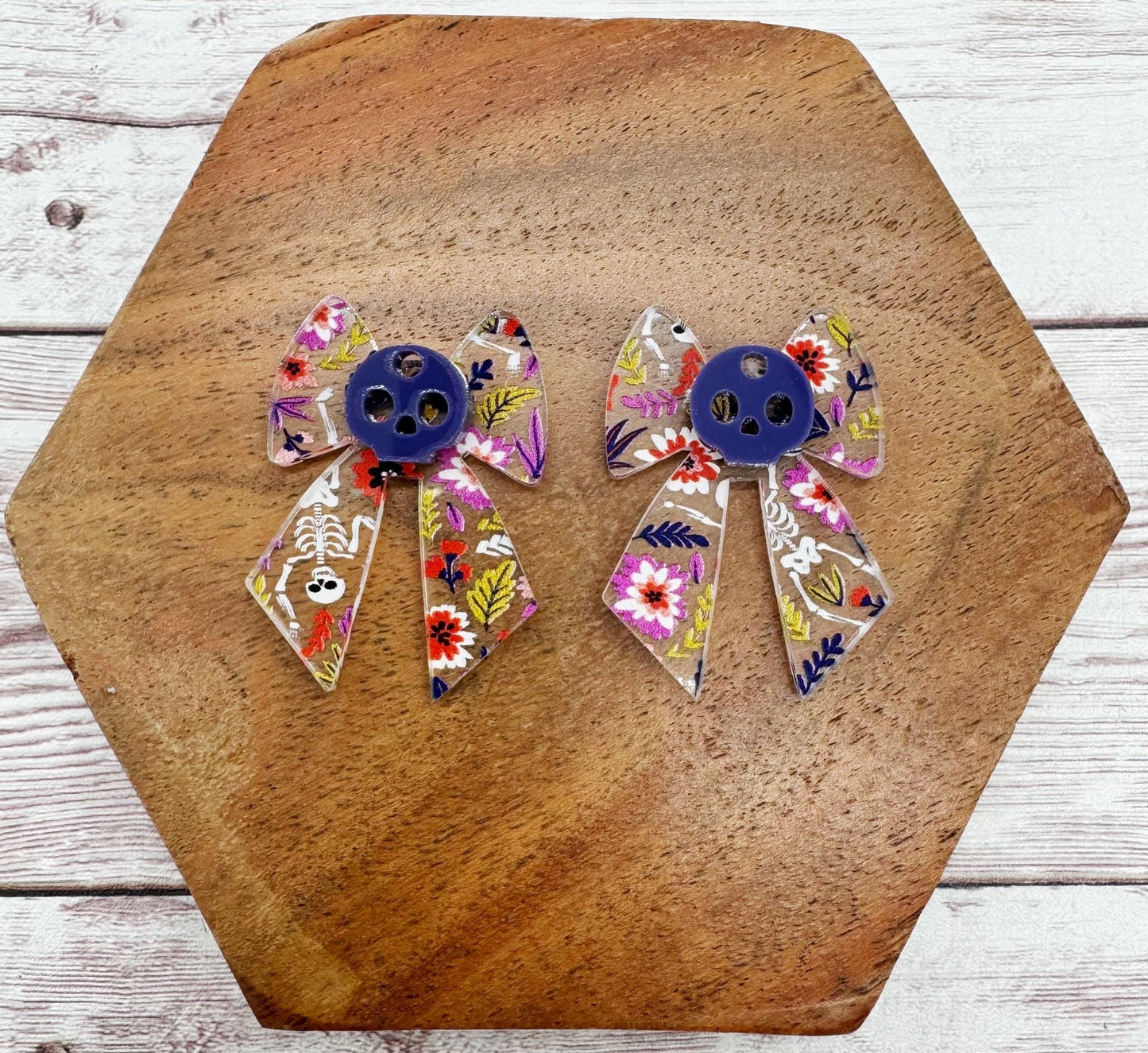 Floral Skeleton Print Bow Layered Acrylic Halloween Earring Blanks, DIY Jewelry Making
