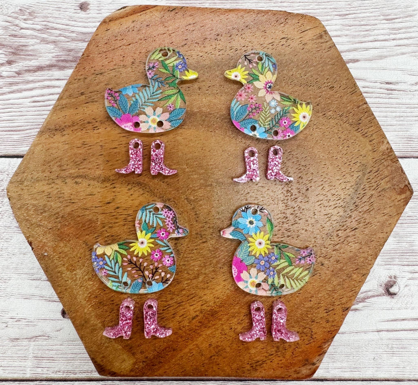 Floral Print Duck With Pink Glitter Boots Set Animal Earring Blanks, DIY Jewelry Making