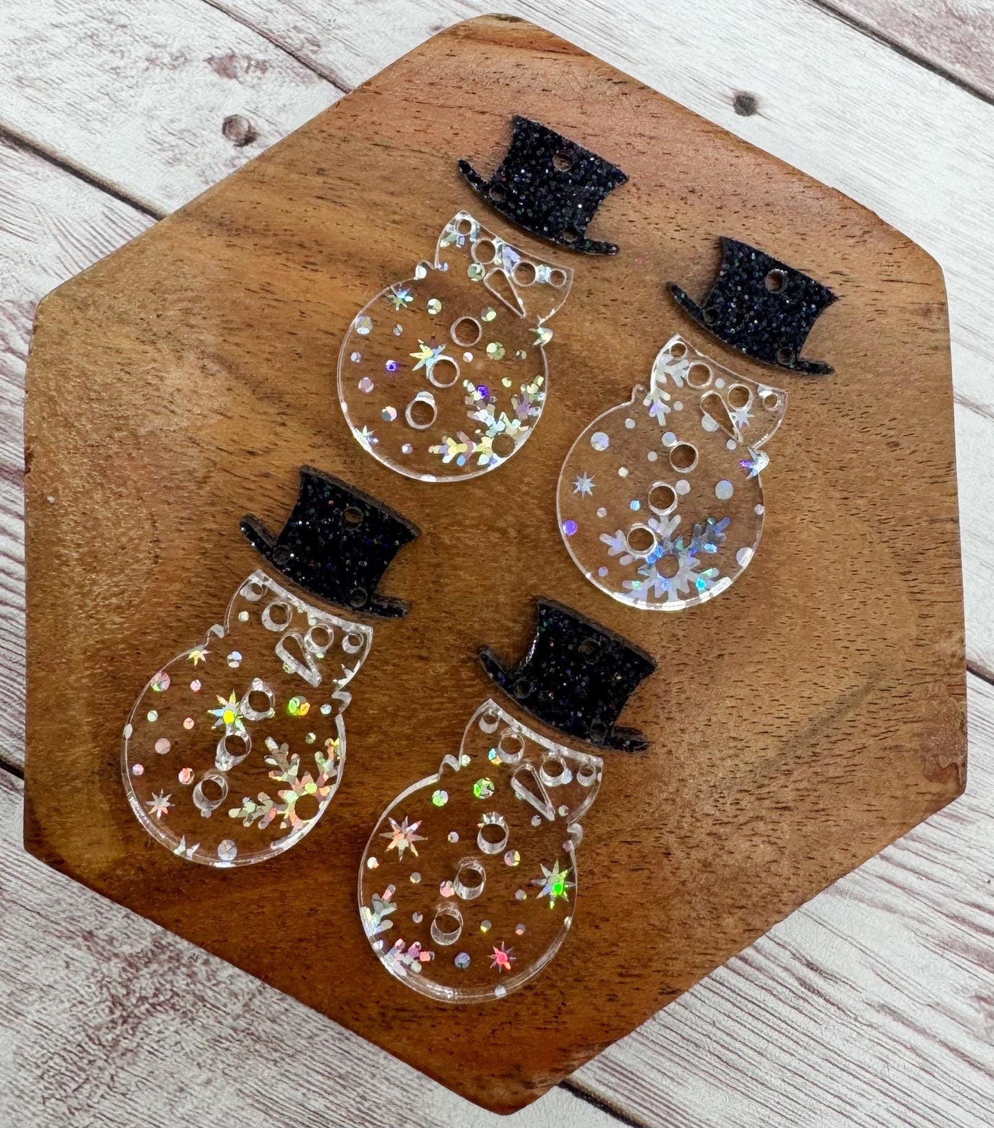 Clear Iridescent Snowflake Print Snowman and Hat Winter Acrylic Earring Blank Set, DIY Jewelry Making
