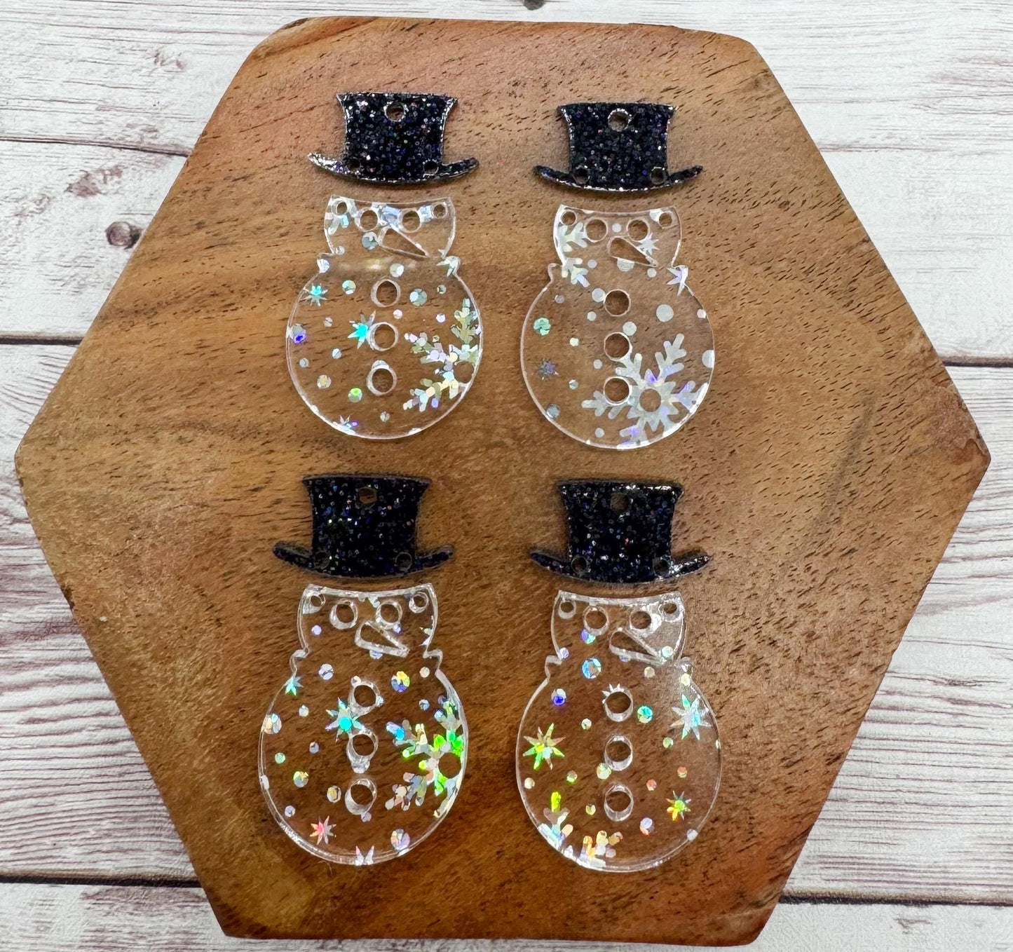 Clear Iridescent Snowflake Print Snowman and Hat Winter Acrylic Earring Blank Set, DIY Jewelry Making