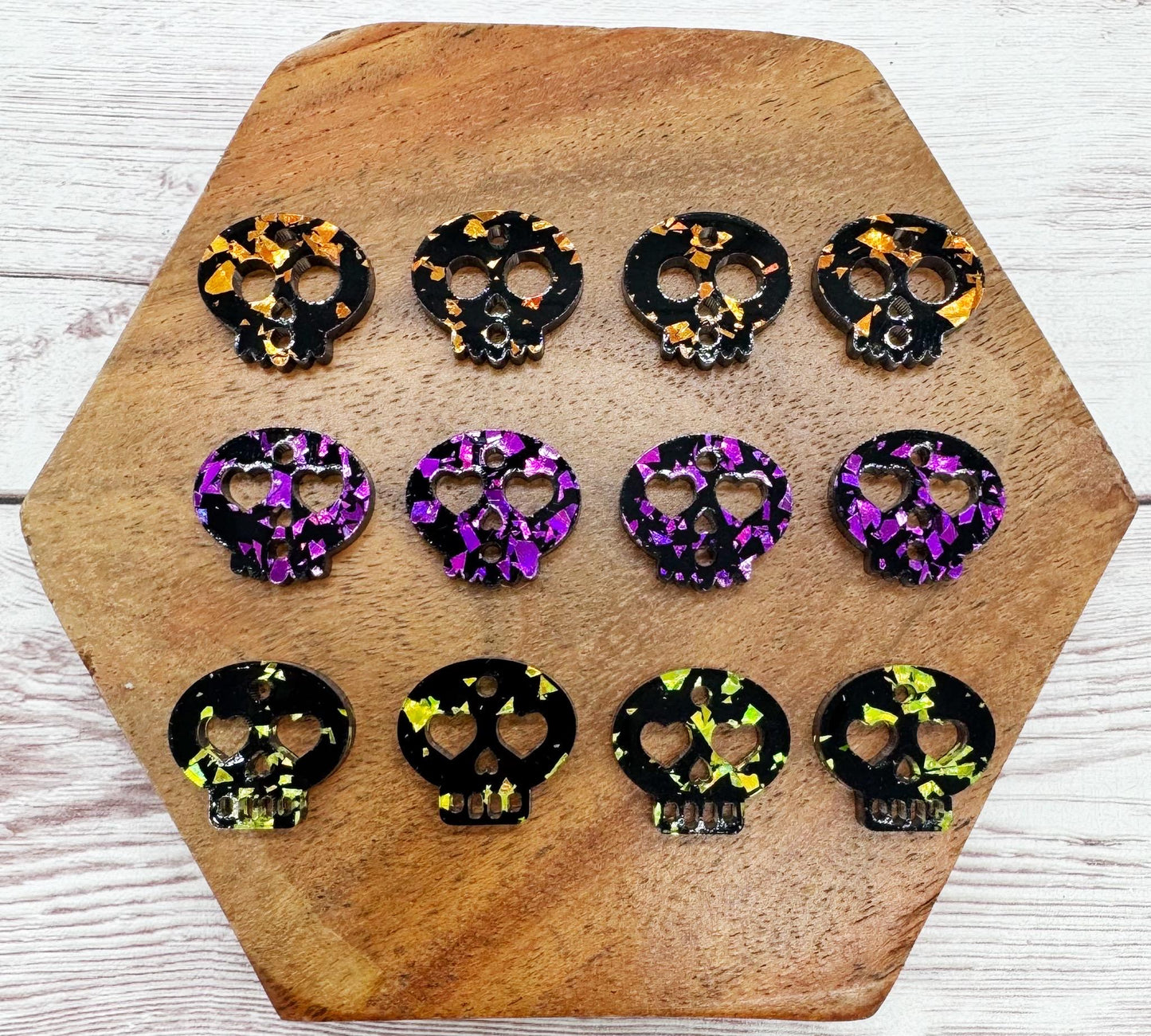 Black Glitter Flake Skull Trio Halloween Set Acrylic Earring Blanks, DIY Jewelry Making