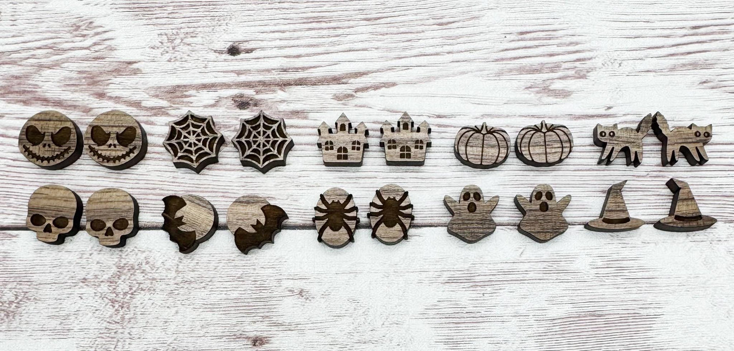 Set of 10 Engraved Halloween Stud Earring Blanks, Walnut,DIY Jewelry Making