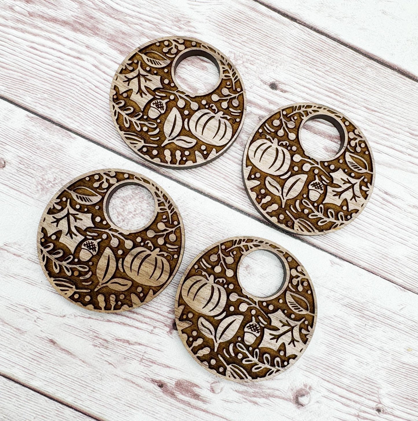 Engraved Fall Pumpkin and Leaves Hoop Halloween Walnut Earring Blanks, DIY Jewelry Making