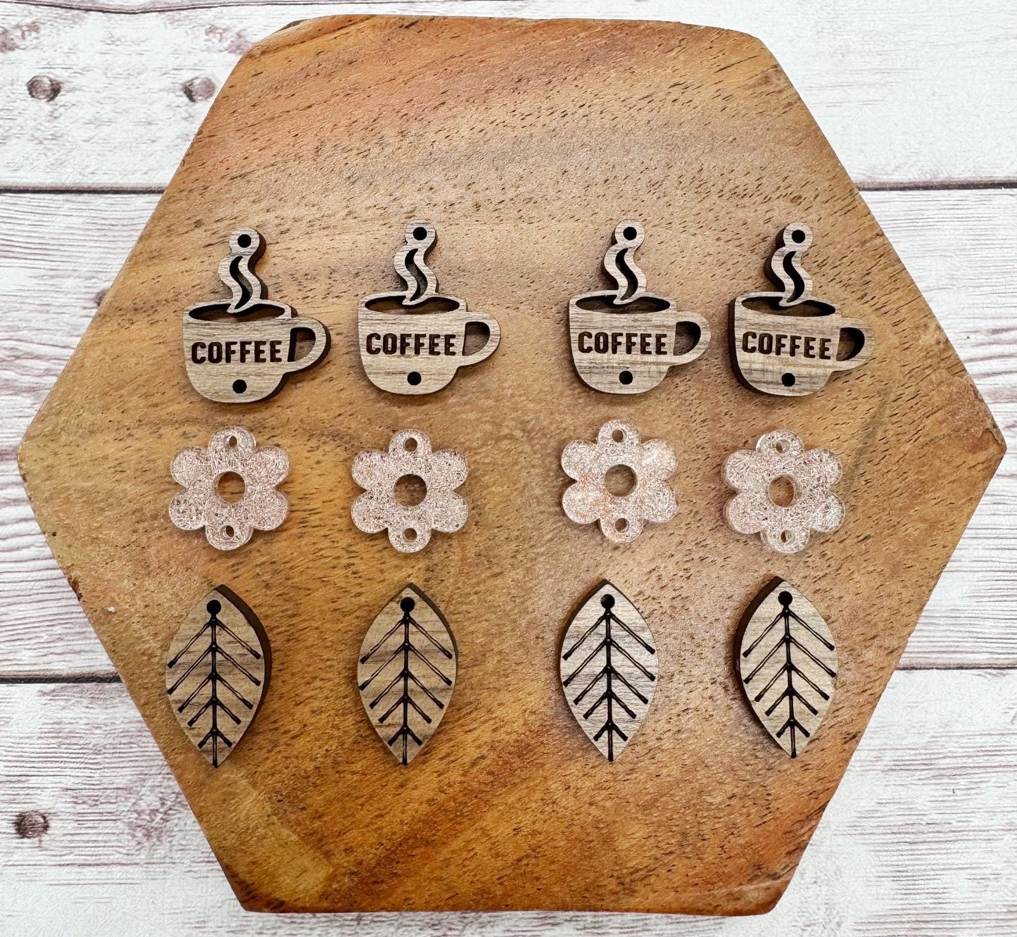 Coffee Flower Leaf Acrylic and Wood Trio Set, Earring Blanks, DIY Jewelry Making