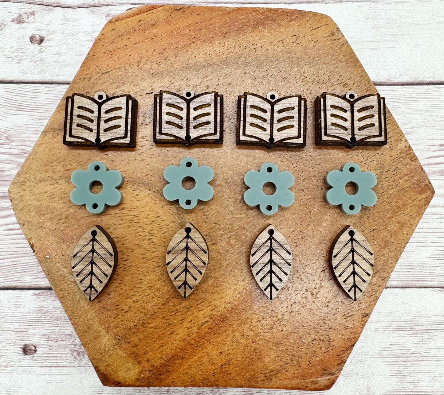 Book Flower Leaf Acrylic and Wood Trio Set, Earring Blanks, DIY Jewelry Making