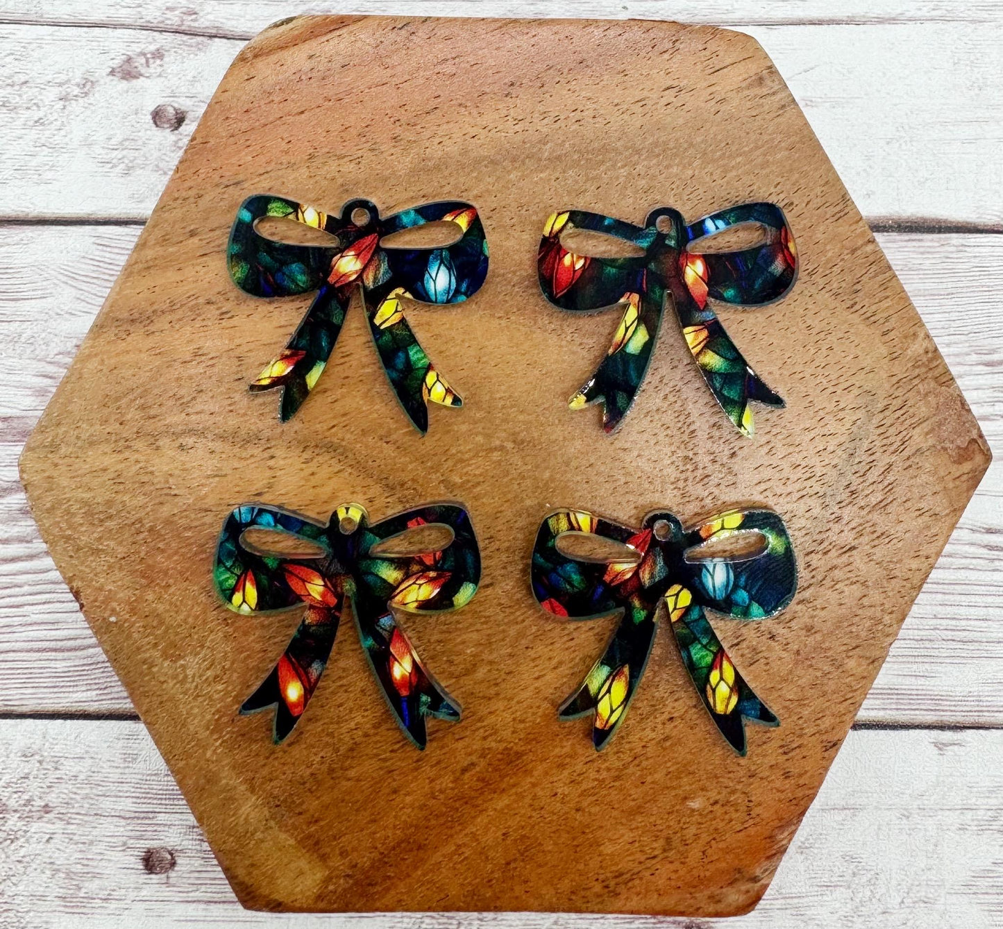 Set of 2 Christmas Light Print Acrylic Bow Earring Blanks DIY Jewelry Making