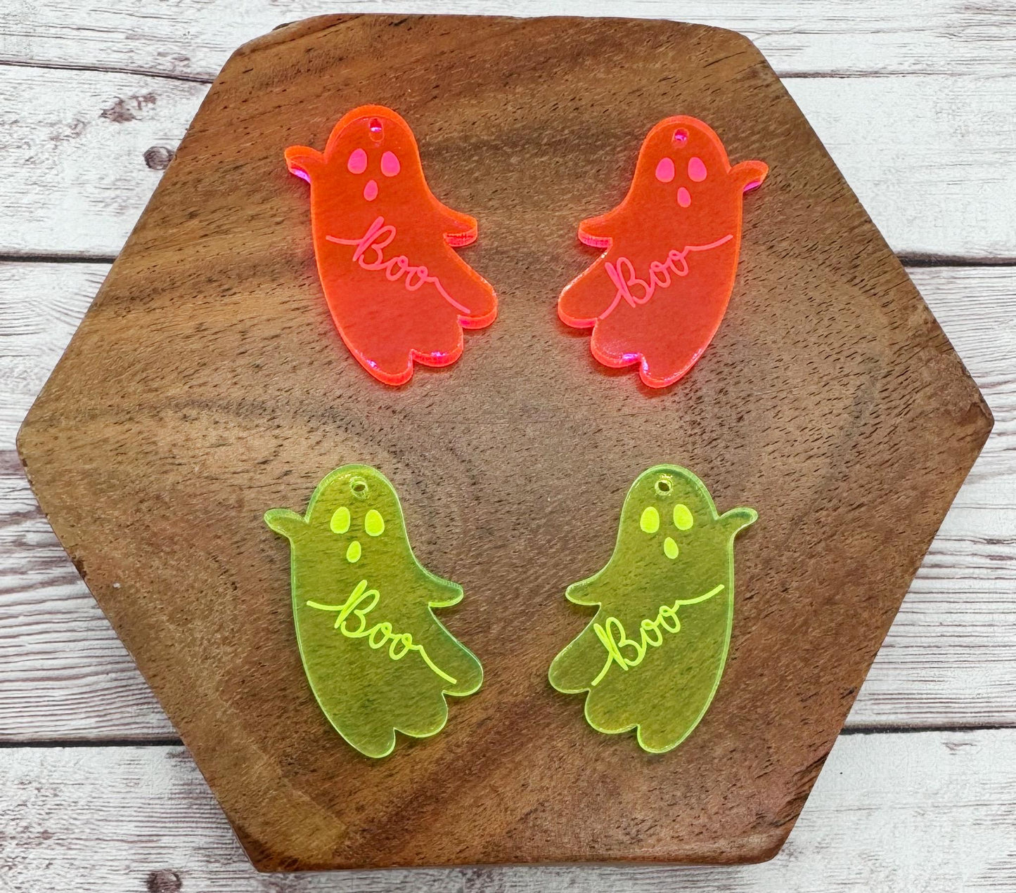 Set of 2 Pair Halloween Florescent Black Light Reactive Engraved Boo Ghost Acrylic Earring Blanks DIY Jewelry Making