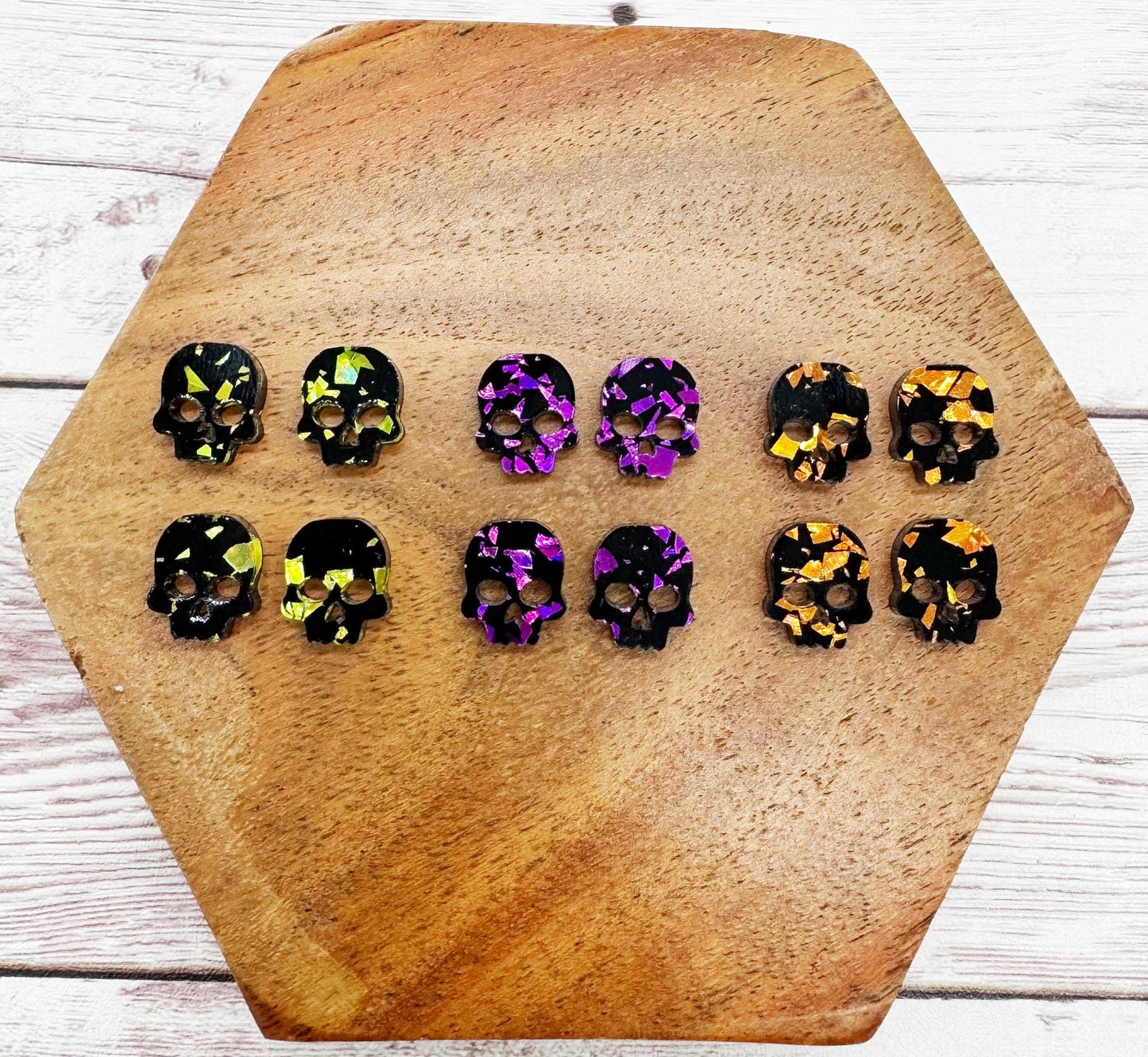Set of 6 Black Glitter Flake Skull Stud Halloween Earring Blanks DIY Jewelry Making