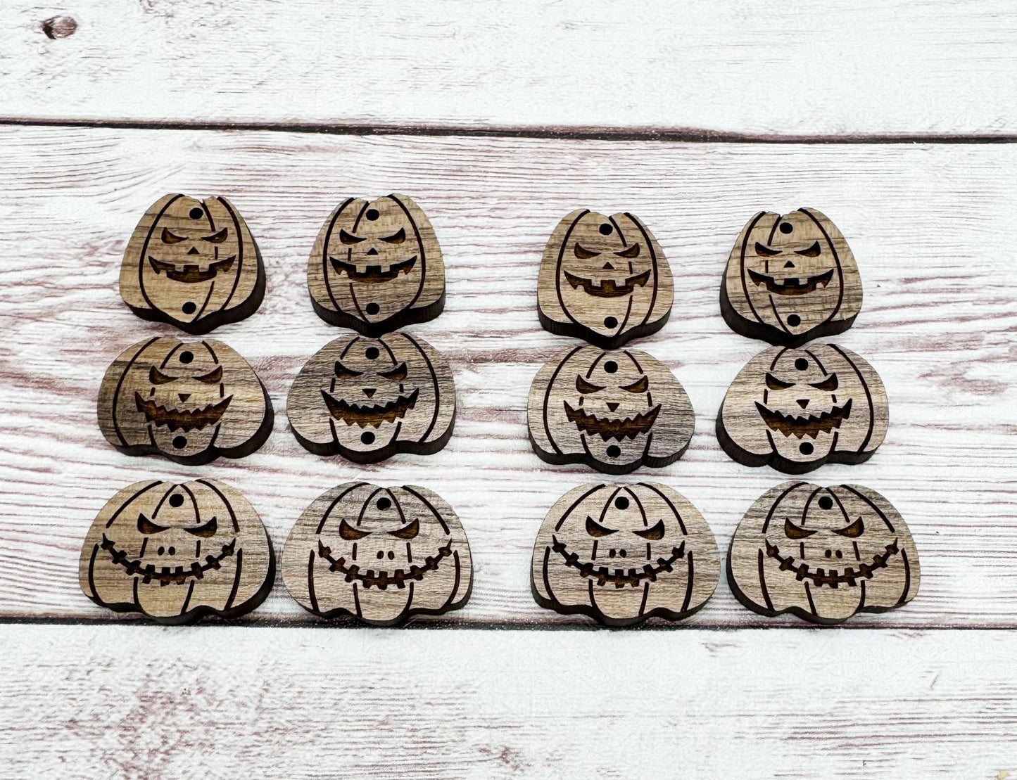 Stacked Engraved Jack-o-lantern Pumpkin Trio Halloween Set Walnut Earring Blanks, DIY Jewelry Making