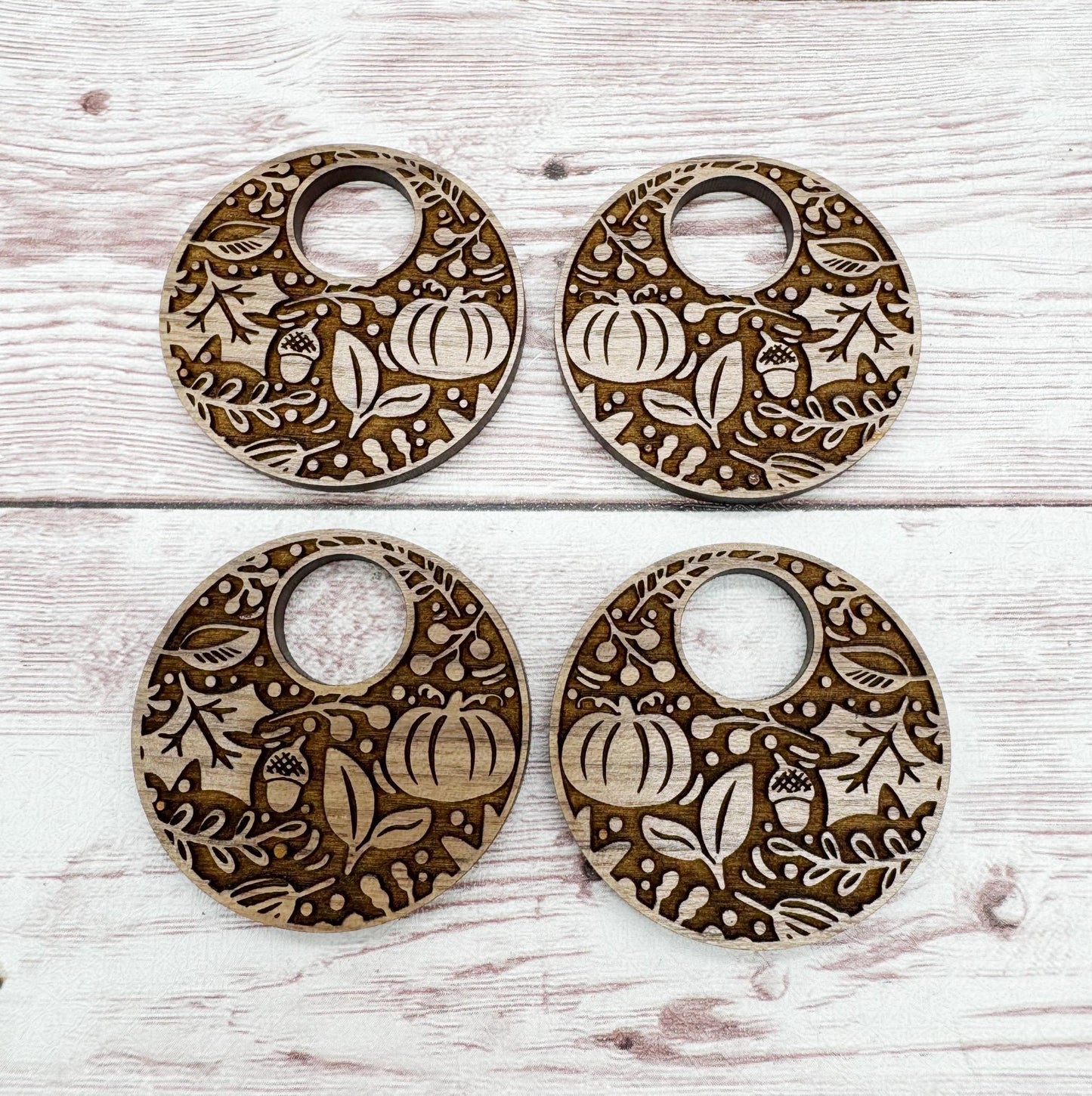 Engraved Fall Pumpkin and Leaves Hoop Halloween Walnut Earring Blanks, DIY Jewelry Making
