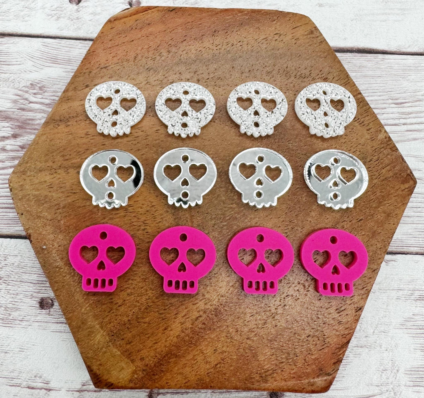 Pink, Silver Mirror, White Glitter Skull Trio Halloween Set Acrylic Earring Blanks, DIY Jewelry Making