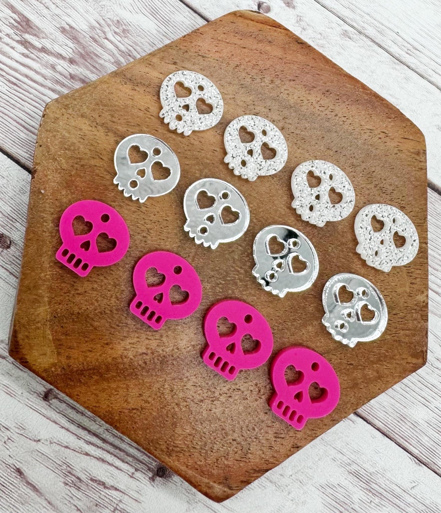 Pink, Silver Mirror, White Glitter Skull Trio Halloween Set Acrylic Earring Blanks, DIY Jewelry Making