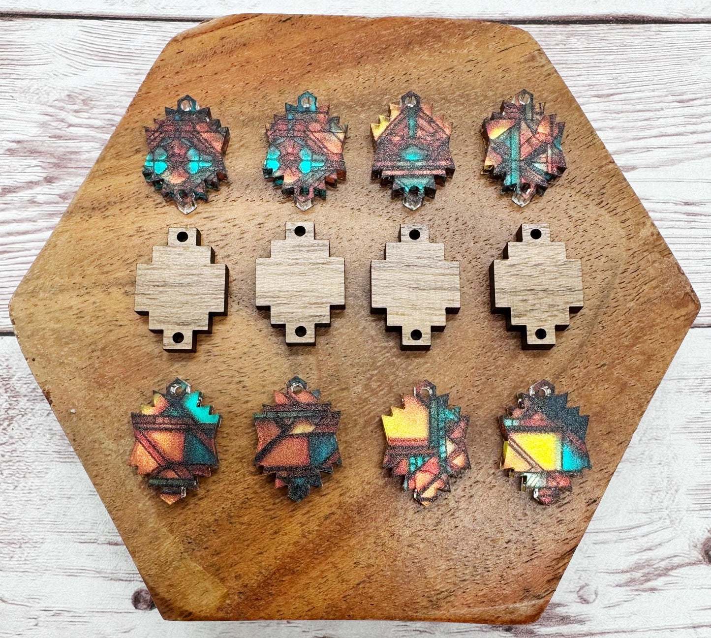 Southwest Western Aztec Metallic Acrylic and Wood Trio Set Earring Blanks, DIY Jewelry Making