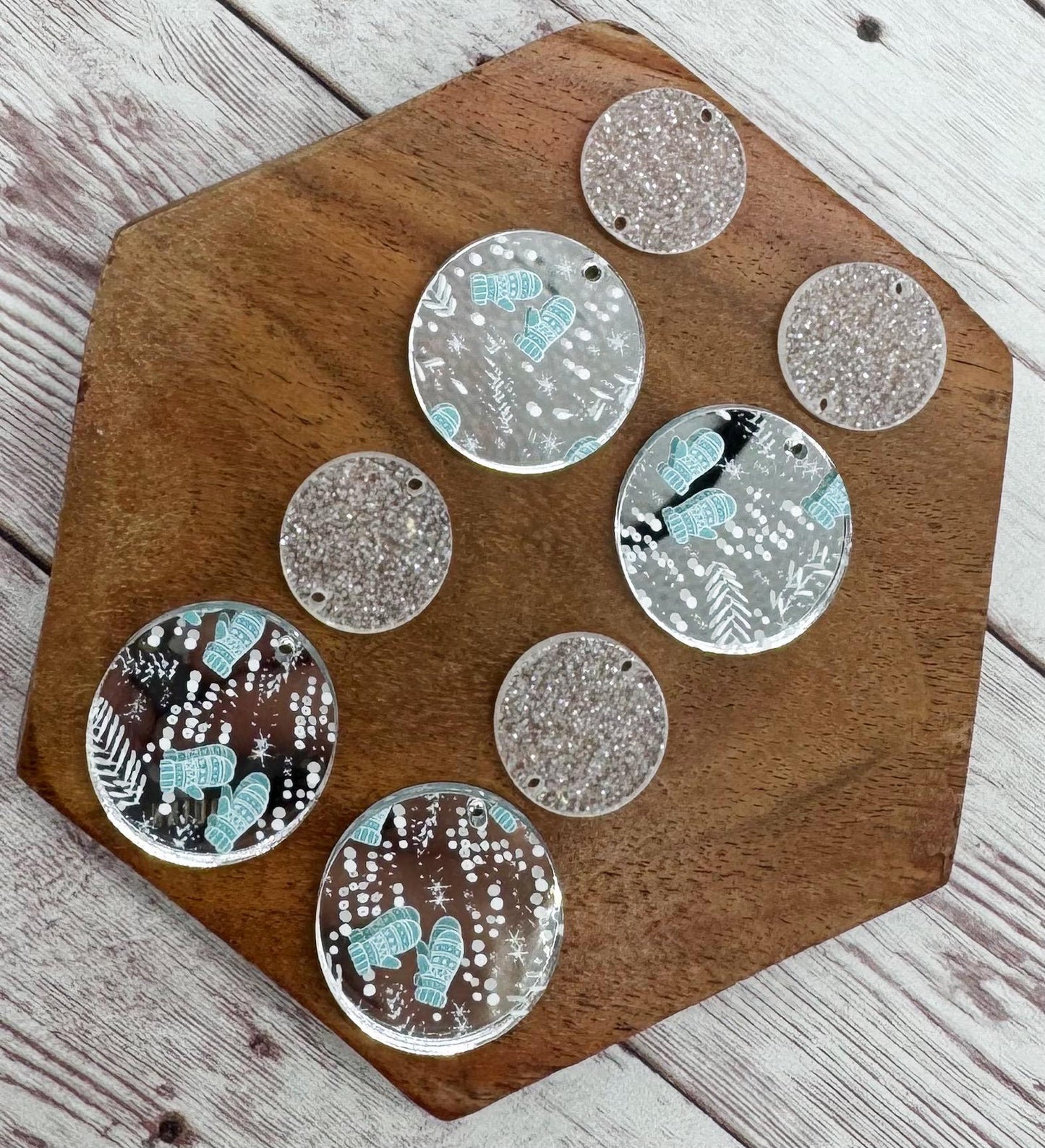 Silver Mirrored Winter Mitten Pattern Acrylic and Glitter Circle Set Earring Blanks, DIY Jewelry Making