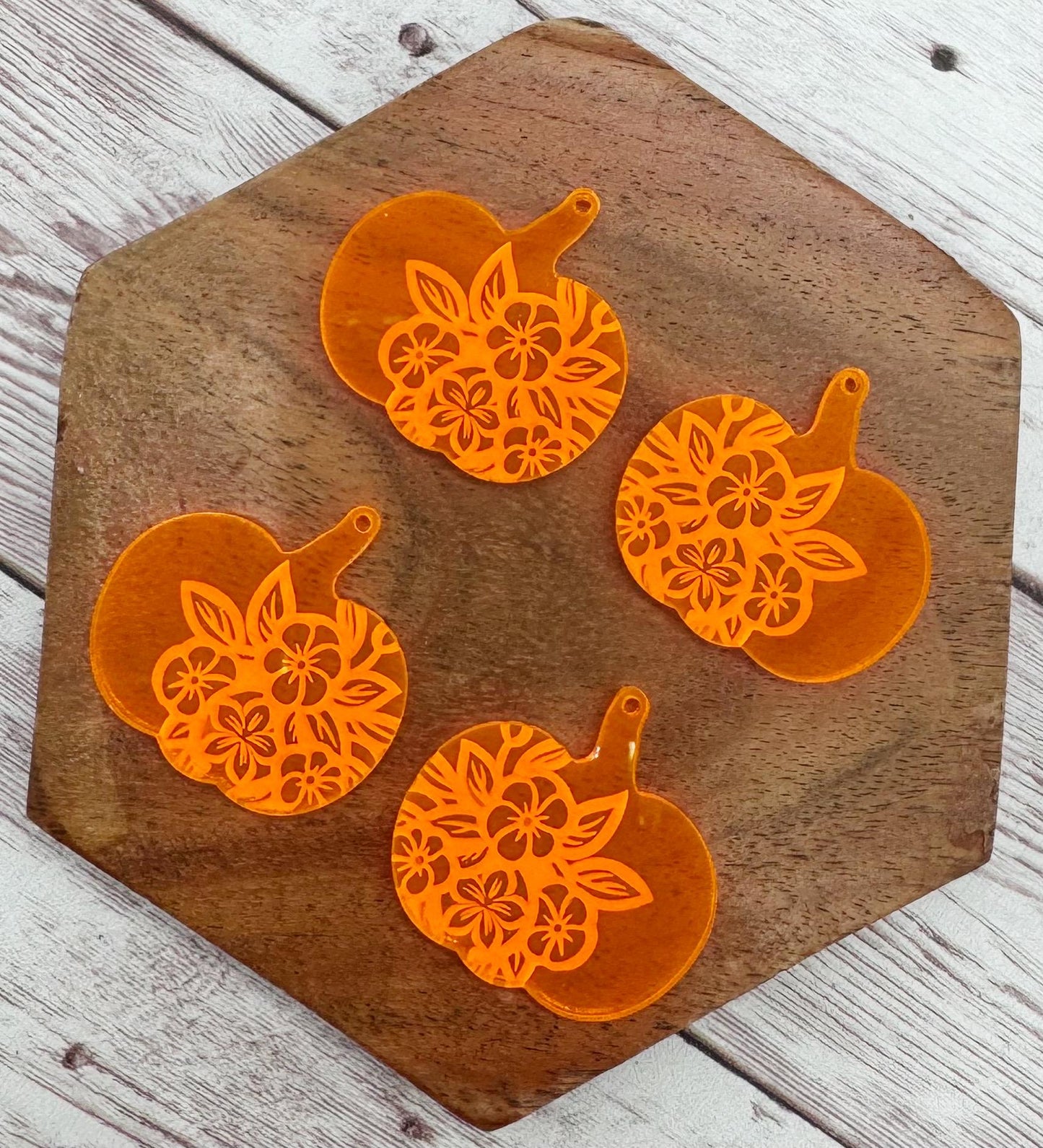 Fall Floral Engraved Pumpkin Florescent Orange Black Light Reactive Acrylic Halloween Earring Blanks, DIY Jewelry Making