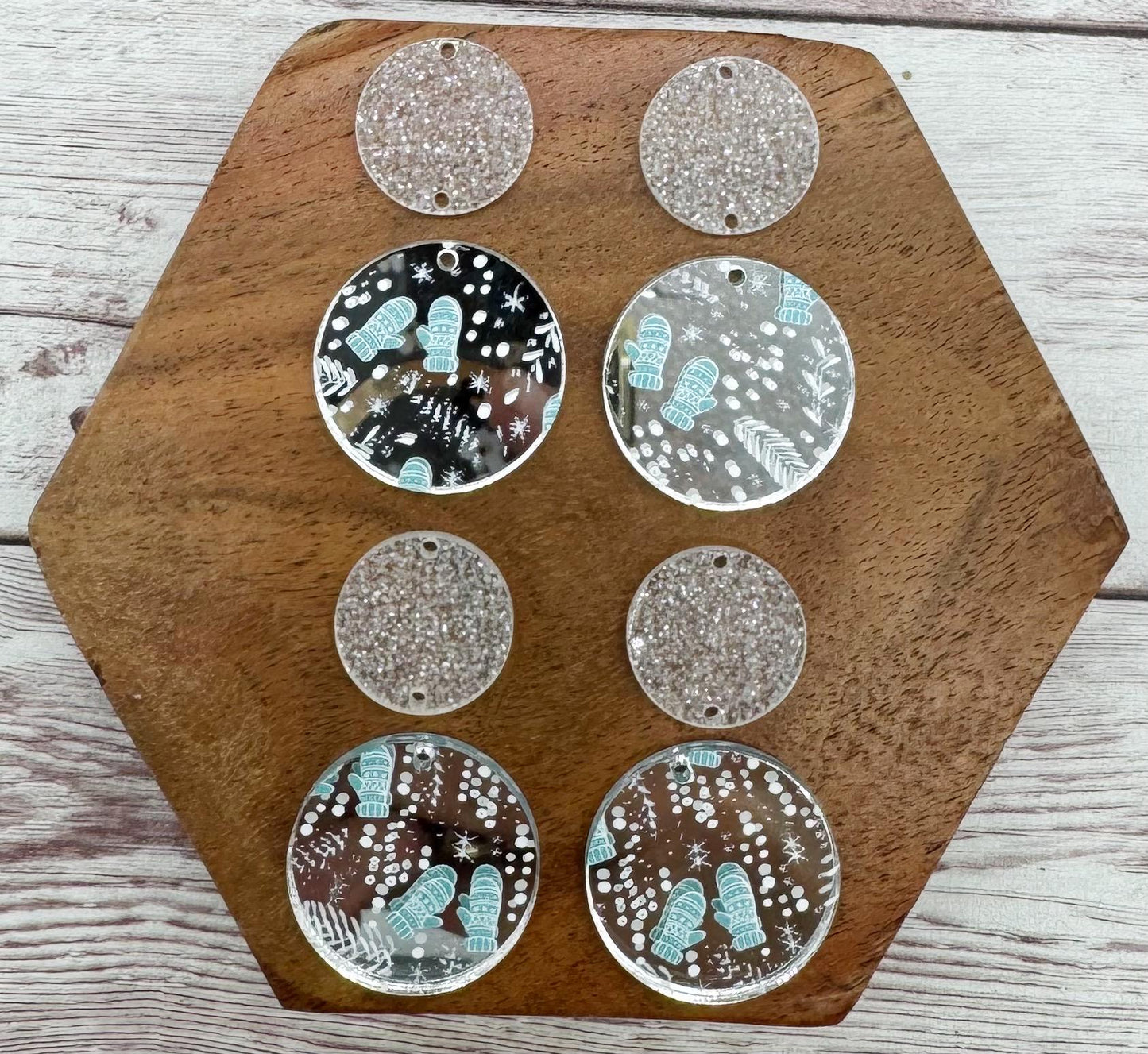 Silver Mirrored Winter Mitten Pattern Acrylic and Glitter Circle Set Earring Blanks, DIY Jewelry Making