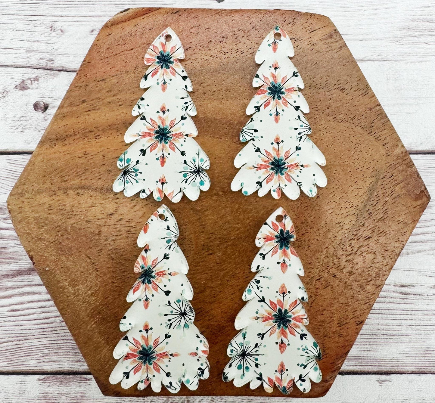 Patterned White Retro Snowflake Print Winter Tree Acrylic Earring Blanks, DIY Jewelry Making