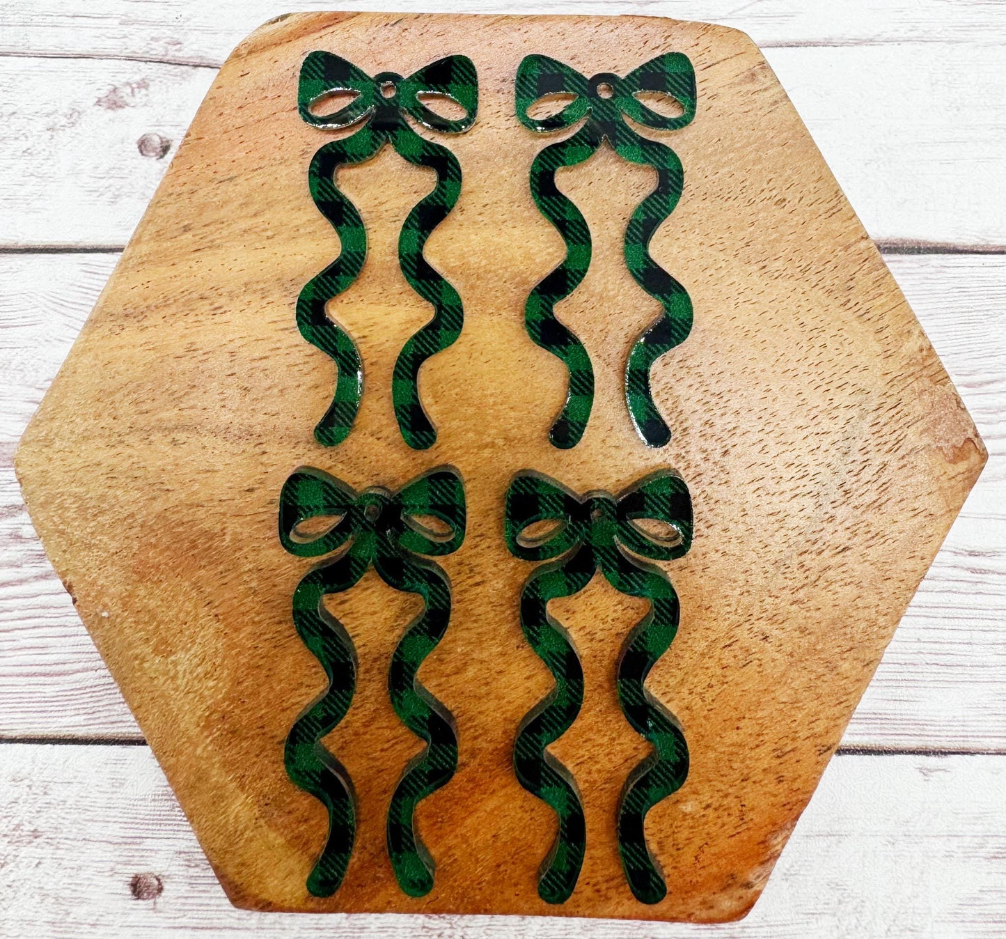 Winter Christmas Green and Black Plaid Acrylic Long Ribbon Bow Earring Blanks, DIY Jewelry Making