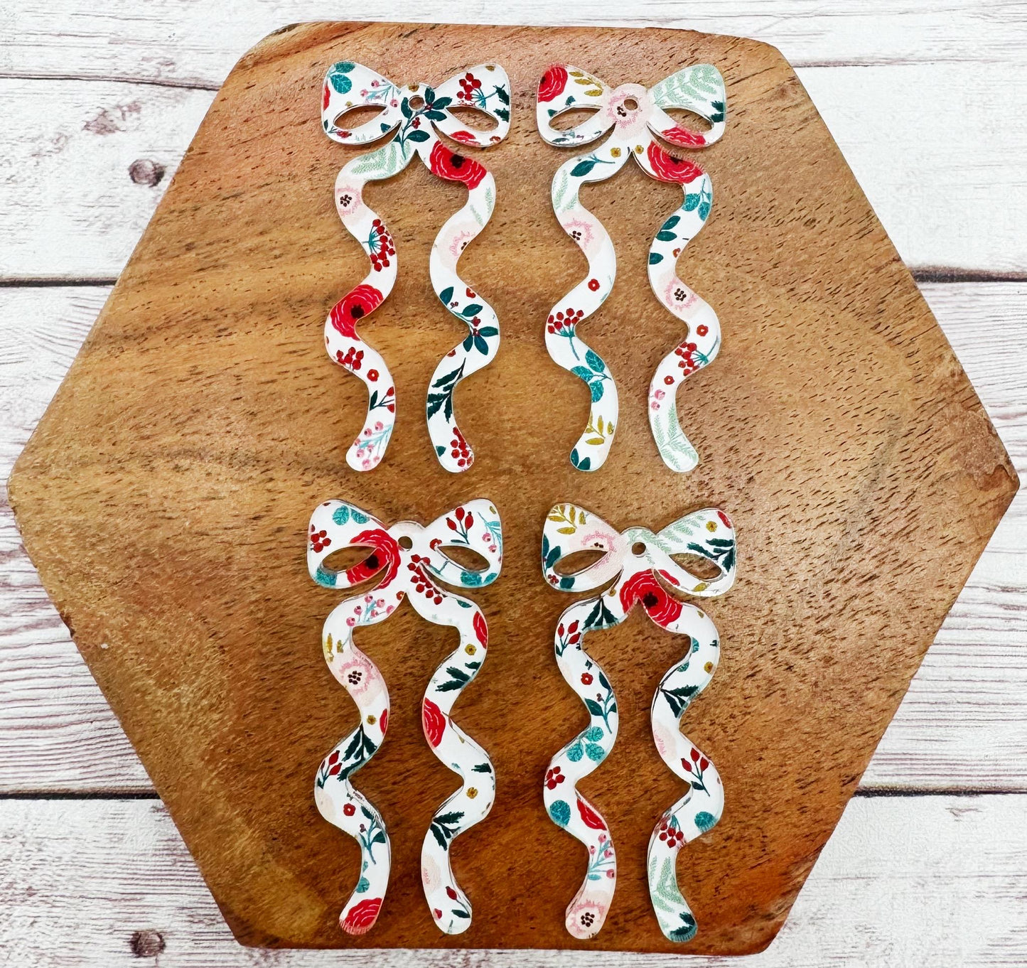 Winter Christmas Floral Print Acrylic Long Ribbon Bow Earring Blanks, DIY Jewelry Making